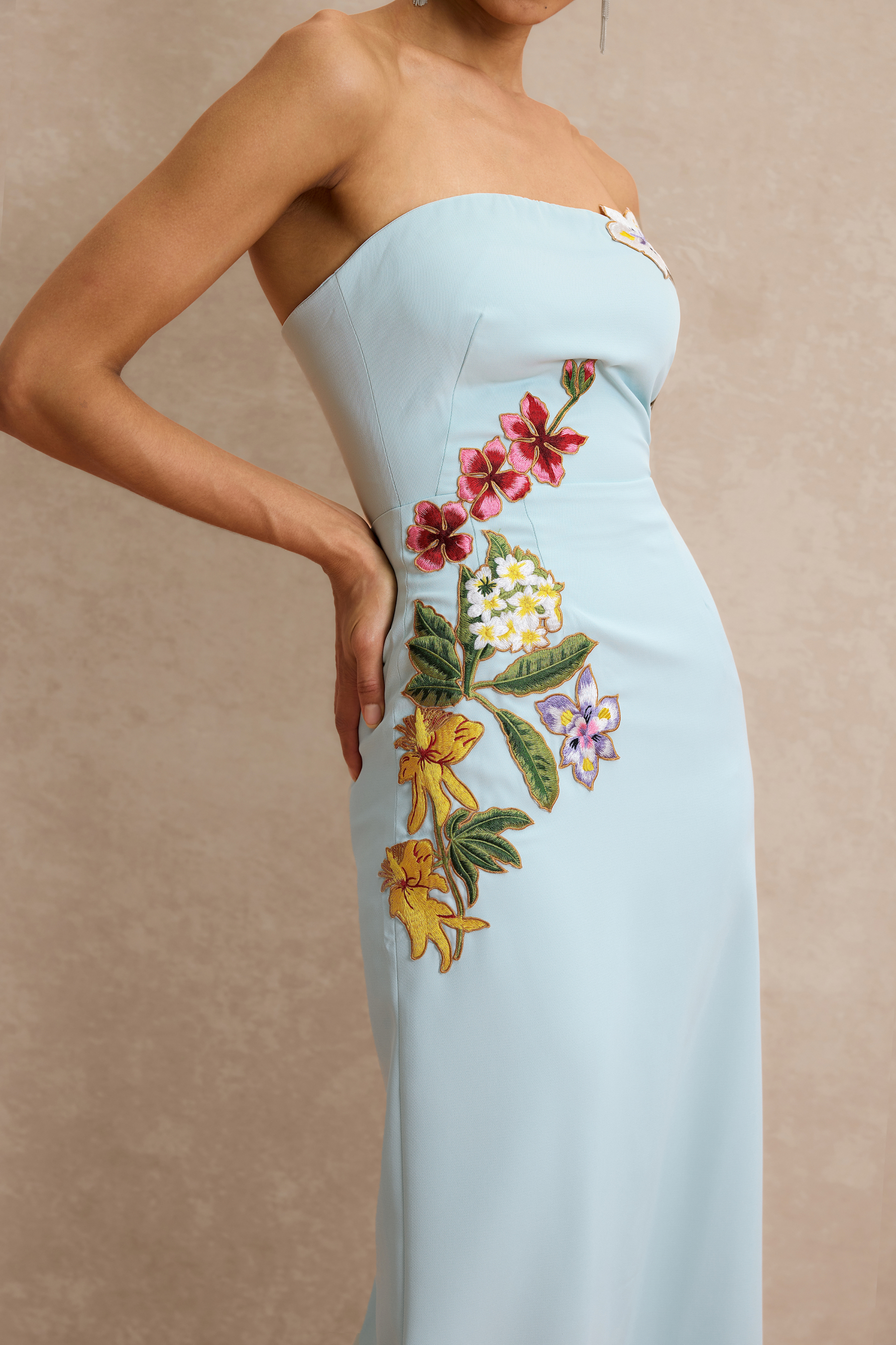 Embroidered Strapless Slit Maxi Dress