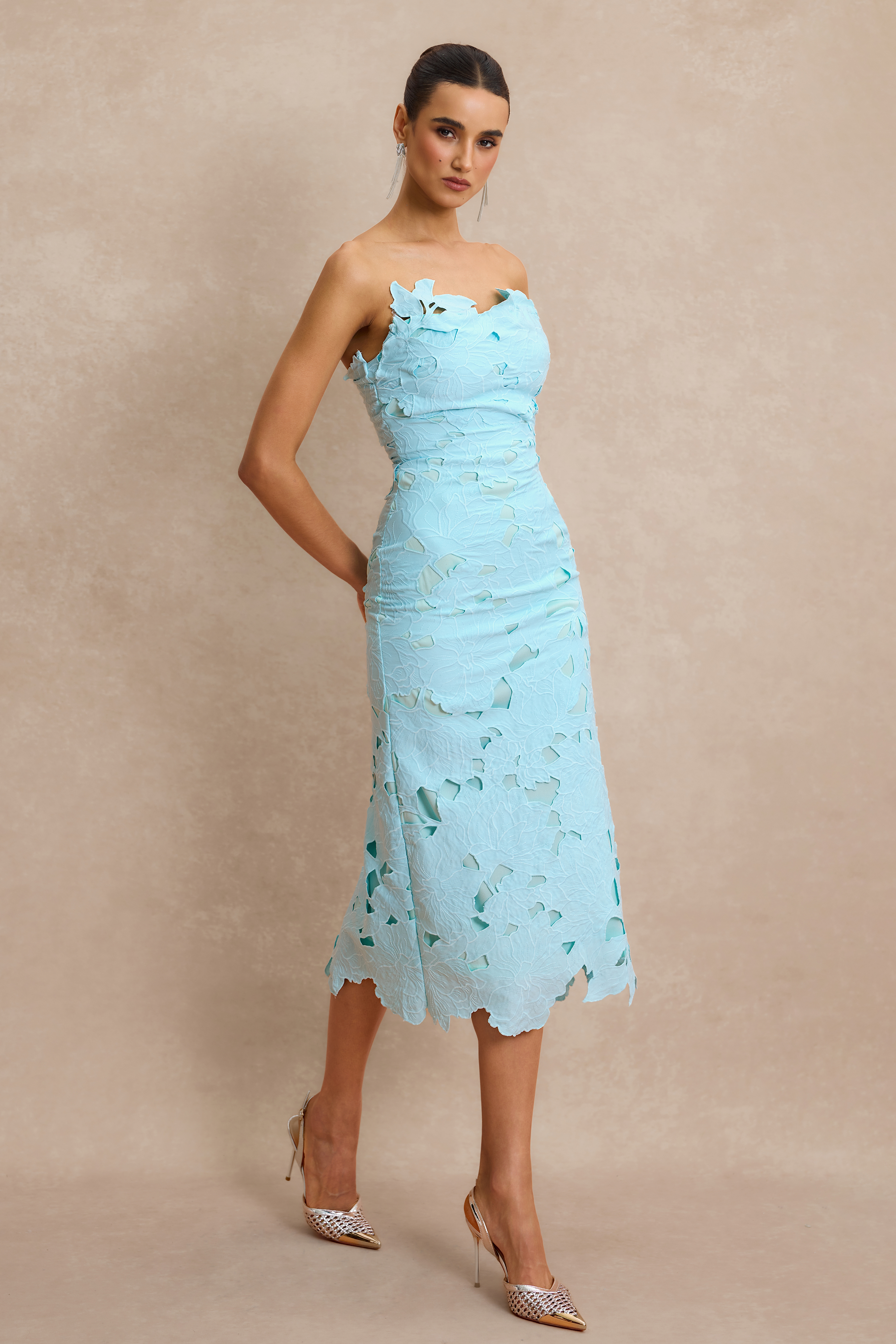 Solid Embroidered Off-Shoulder Midi Dress
