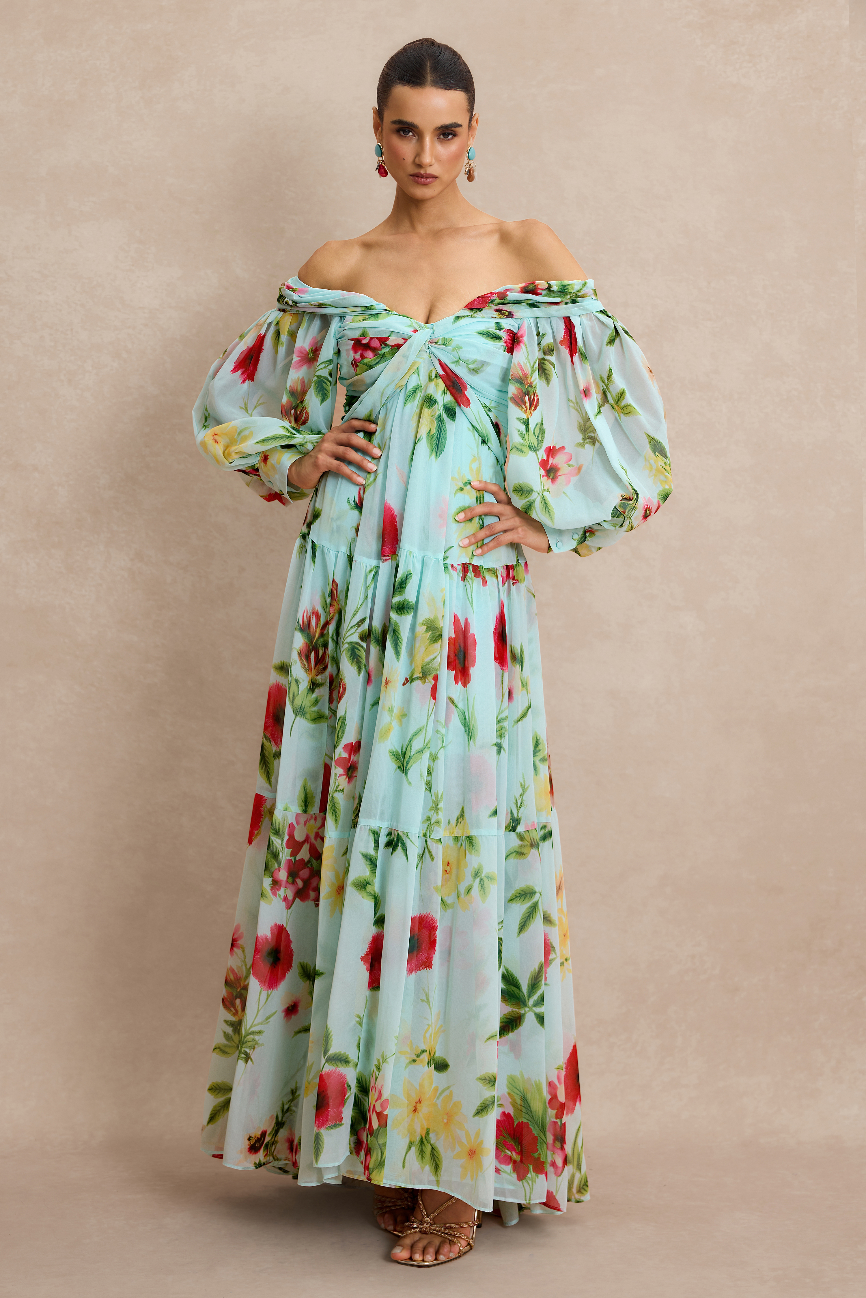 Floral Knotted Off Shoulder Maxi Dress