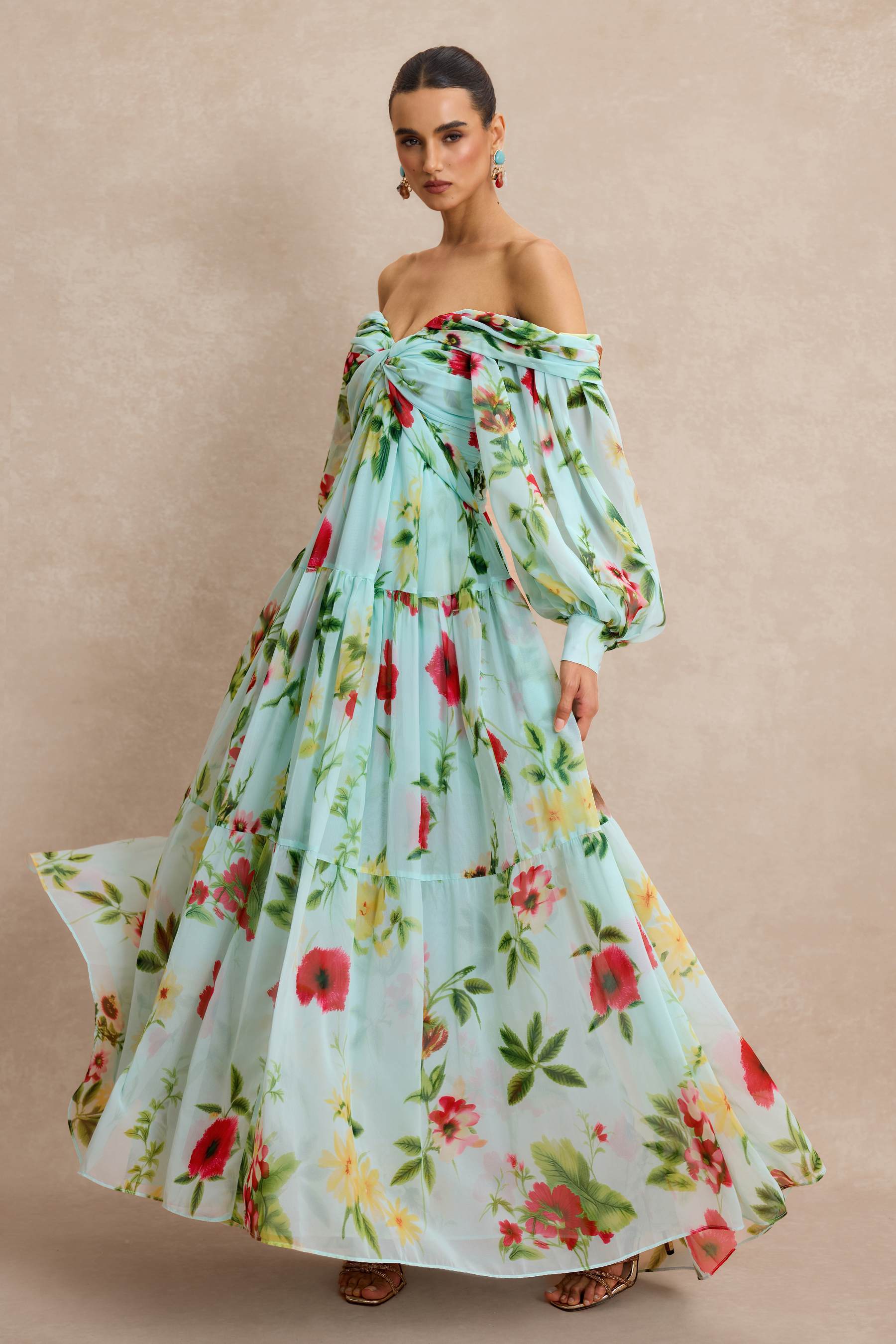 Floral Knotted Off Shoulder Maxi Dress