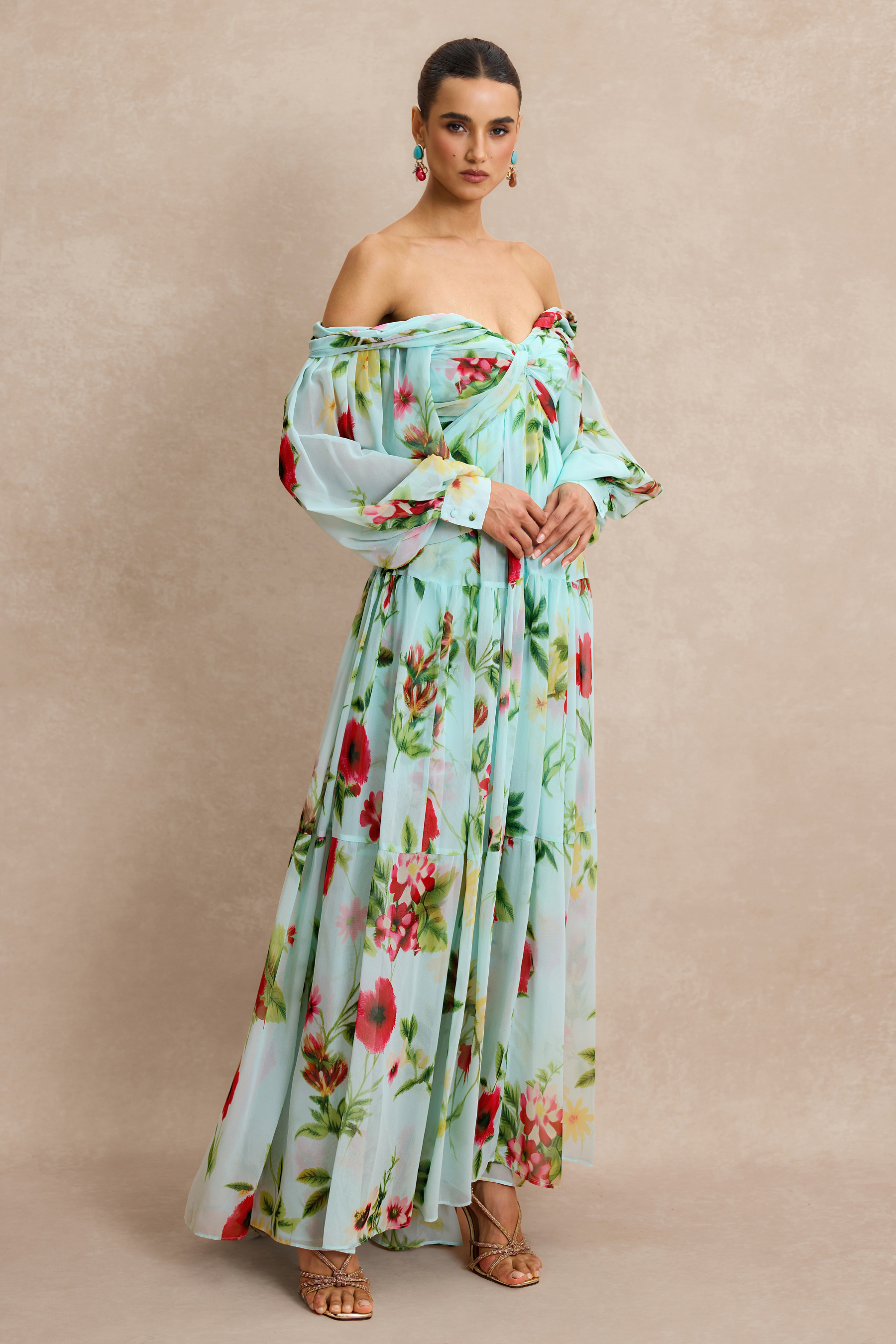 Floral Knotted Off Shoulder Maxi Dress