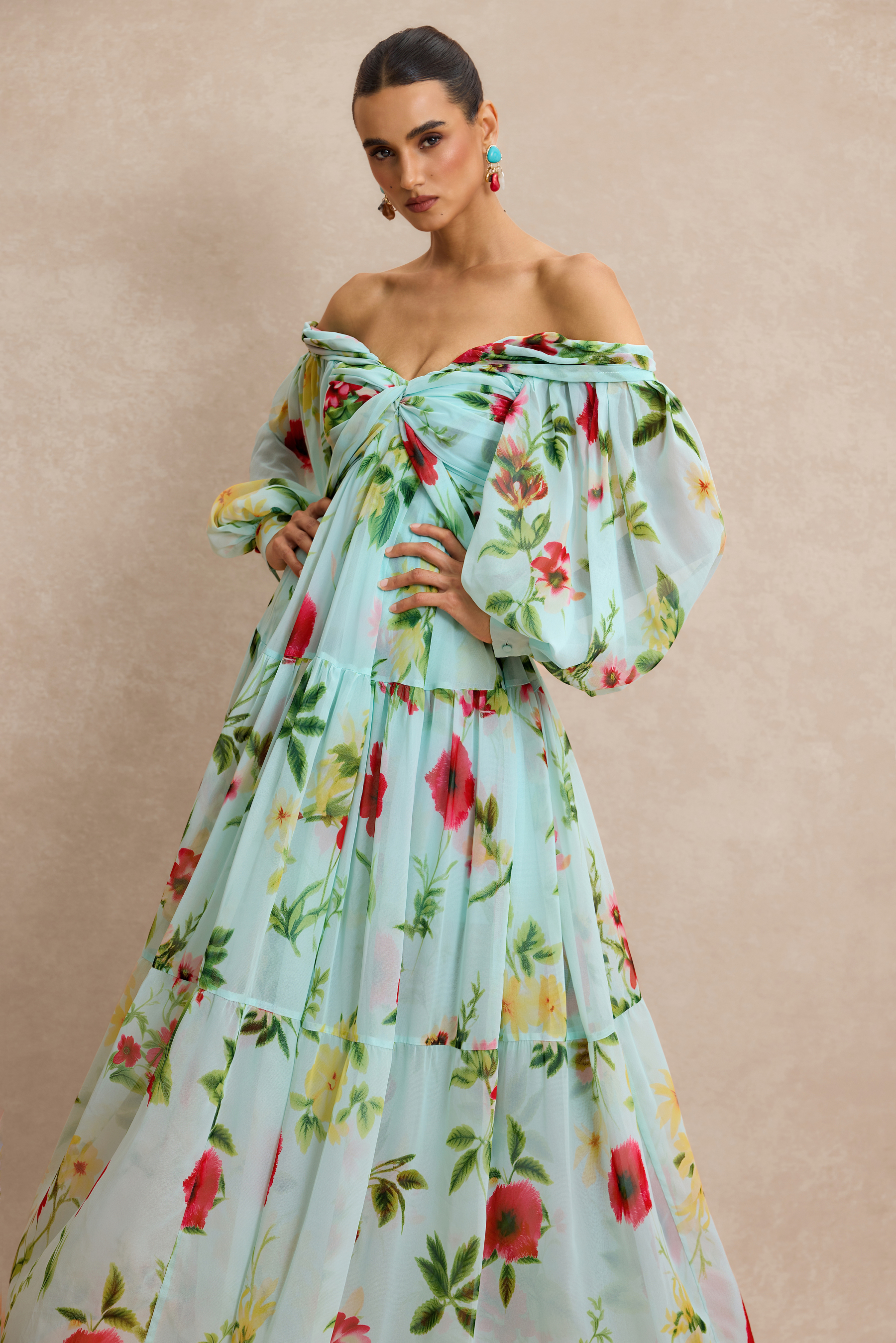 Floral Knotted Off Shoulder Maxi Dress