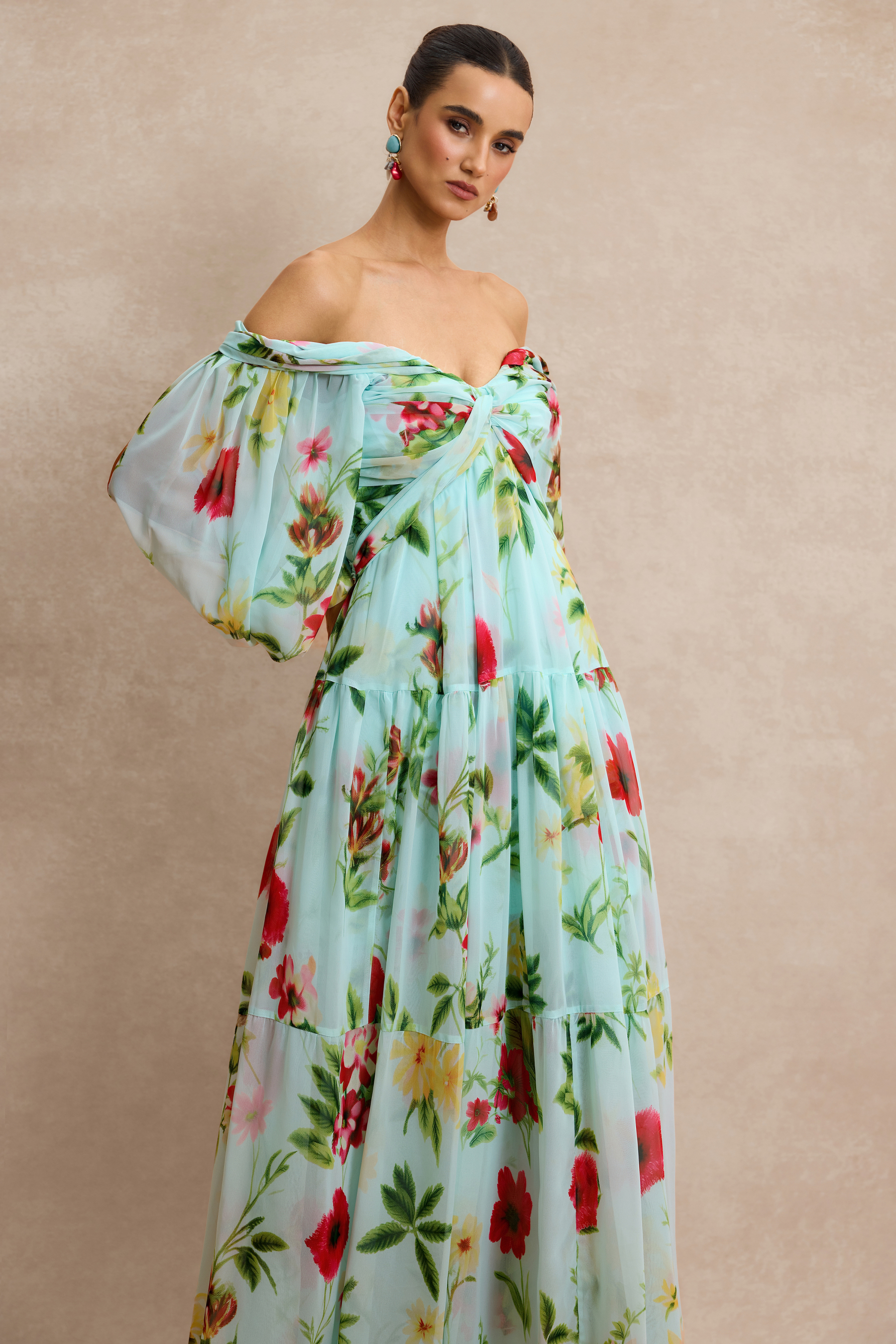 Floral Knotted Off Shoulder Maxi Dress