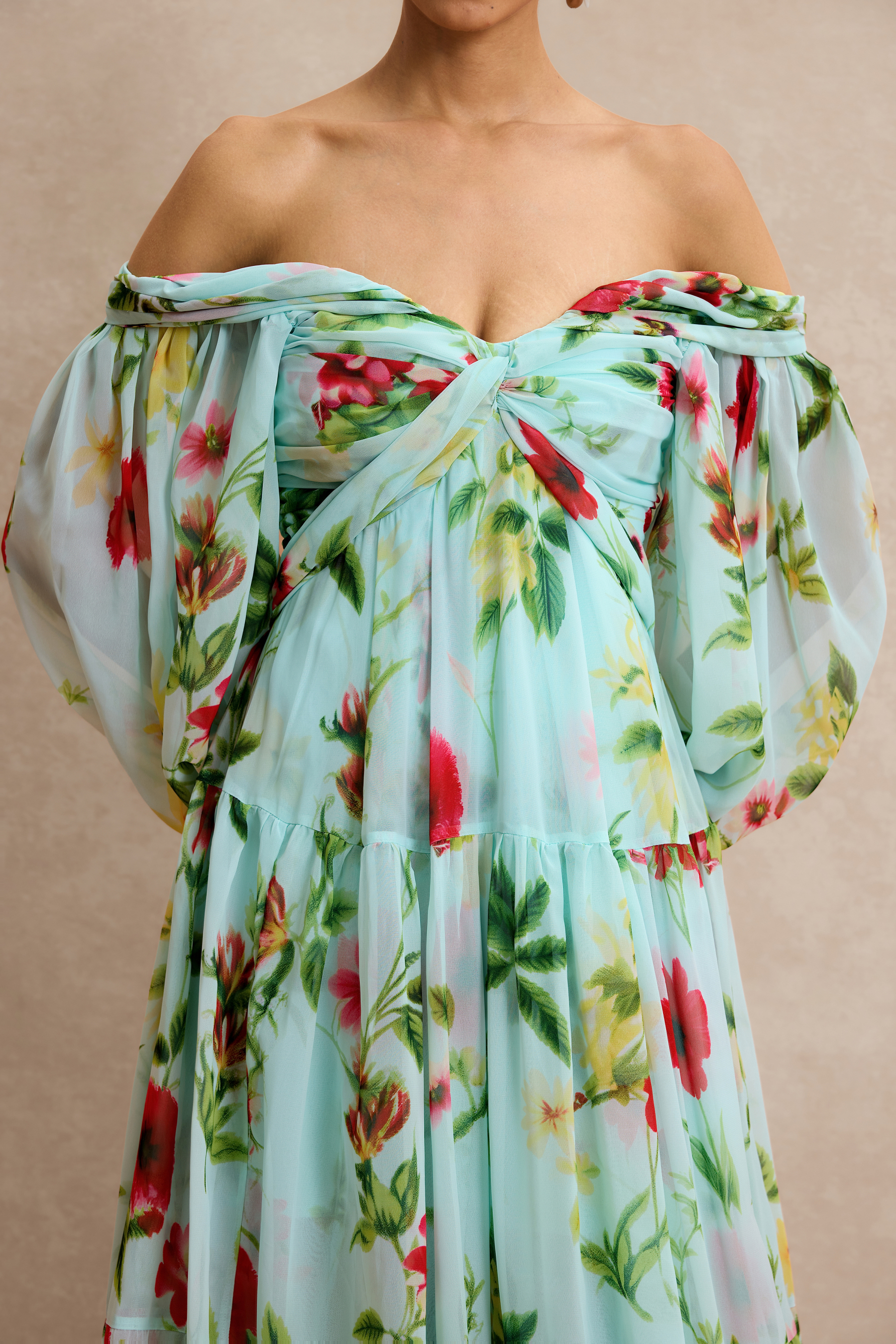 Floral Knotted Off Shoulder Maxi Dress
