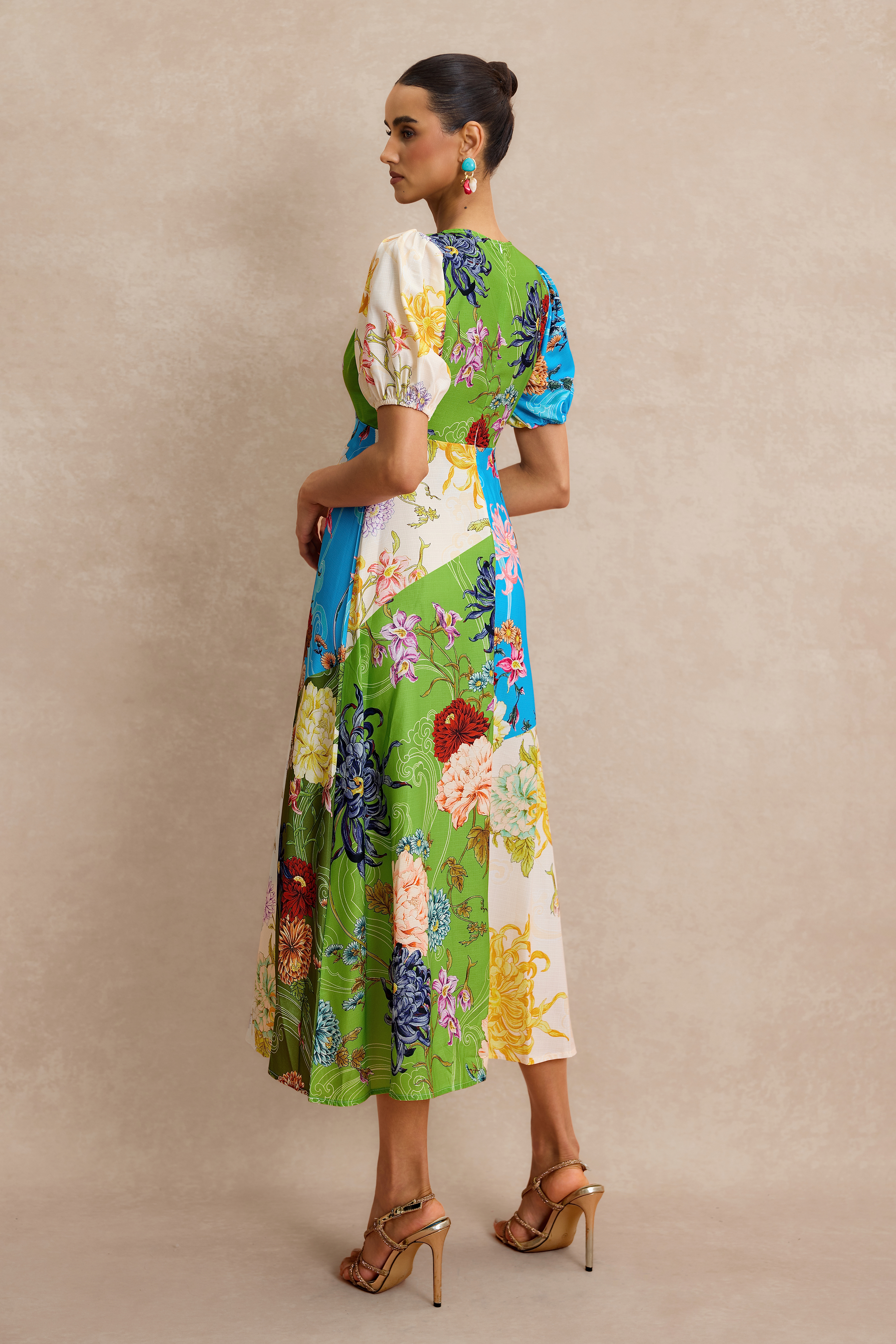 Floral Splicing Puff Sleeve Midi Dress