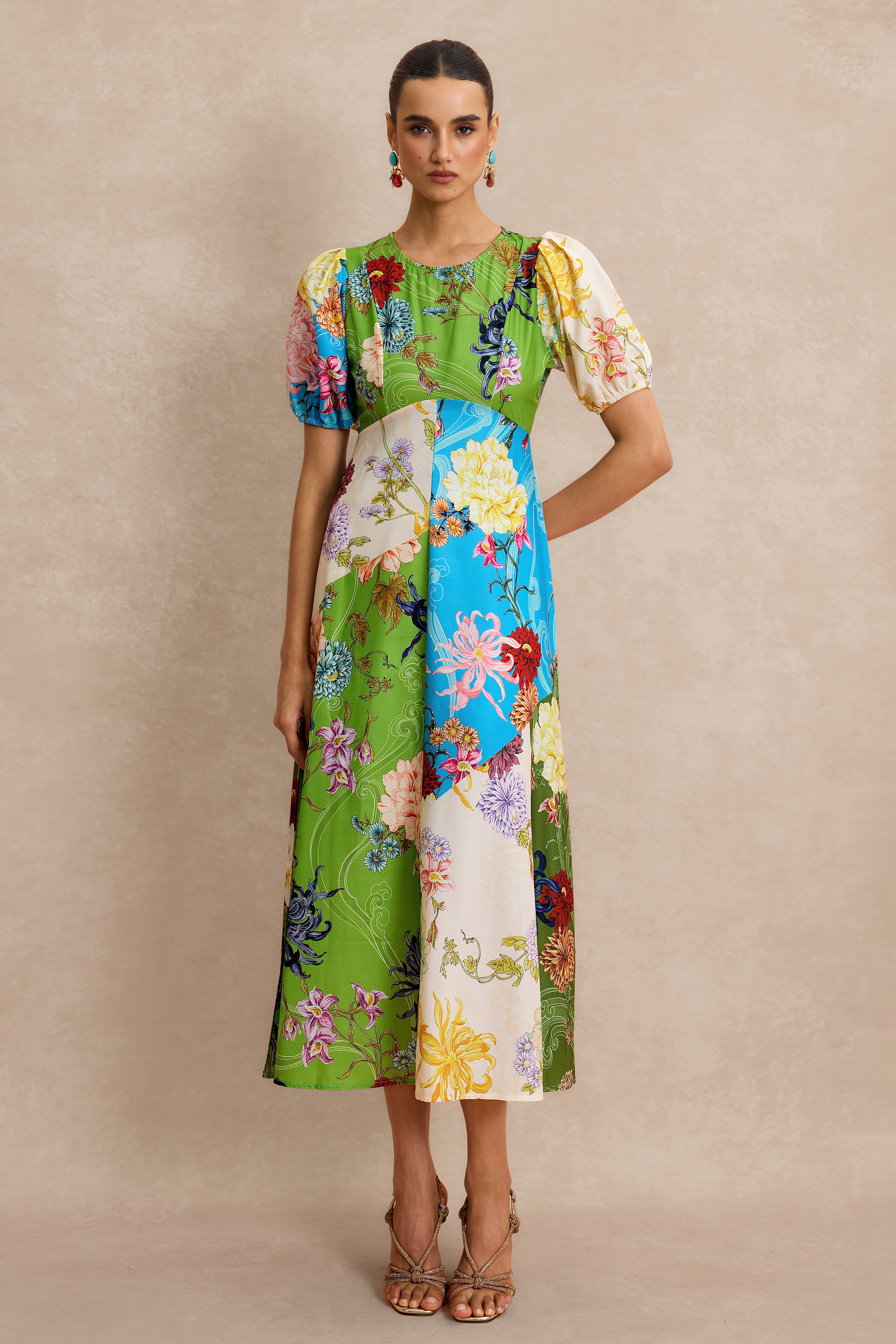 Floral Splicing Puff Sleeve Midi Dress