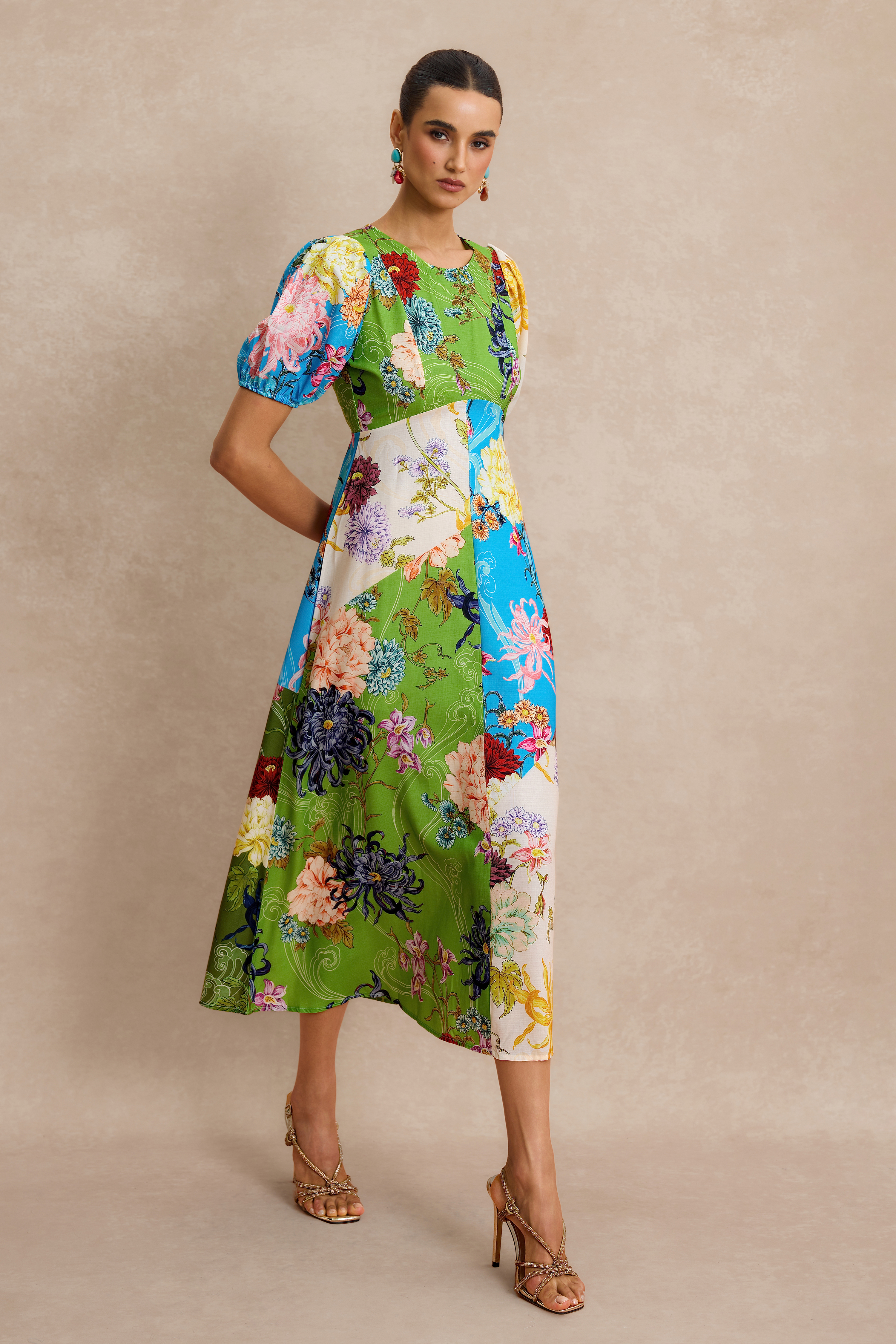 Floral Splicing Puff Sleeve Midi Dress