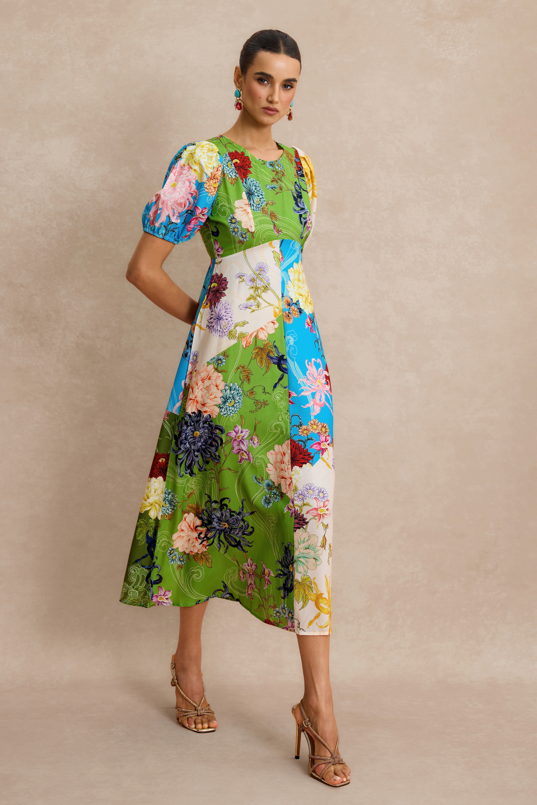 Floral Splicing Puff Sleeve Midi Dress