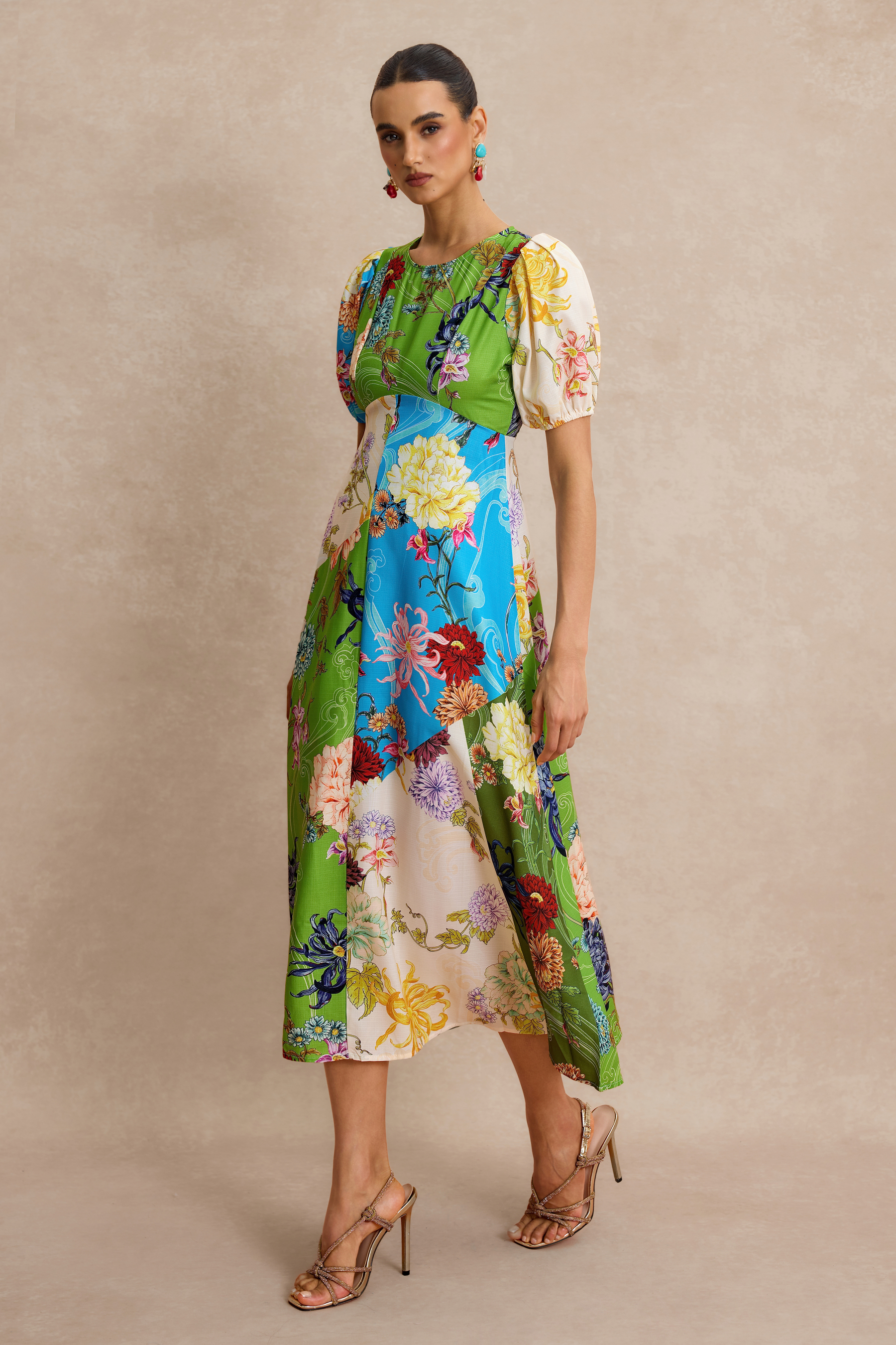 Floral Splicing Puff Sleeve Midi Dress
