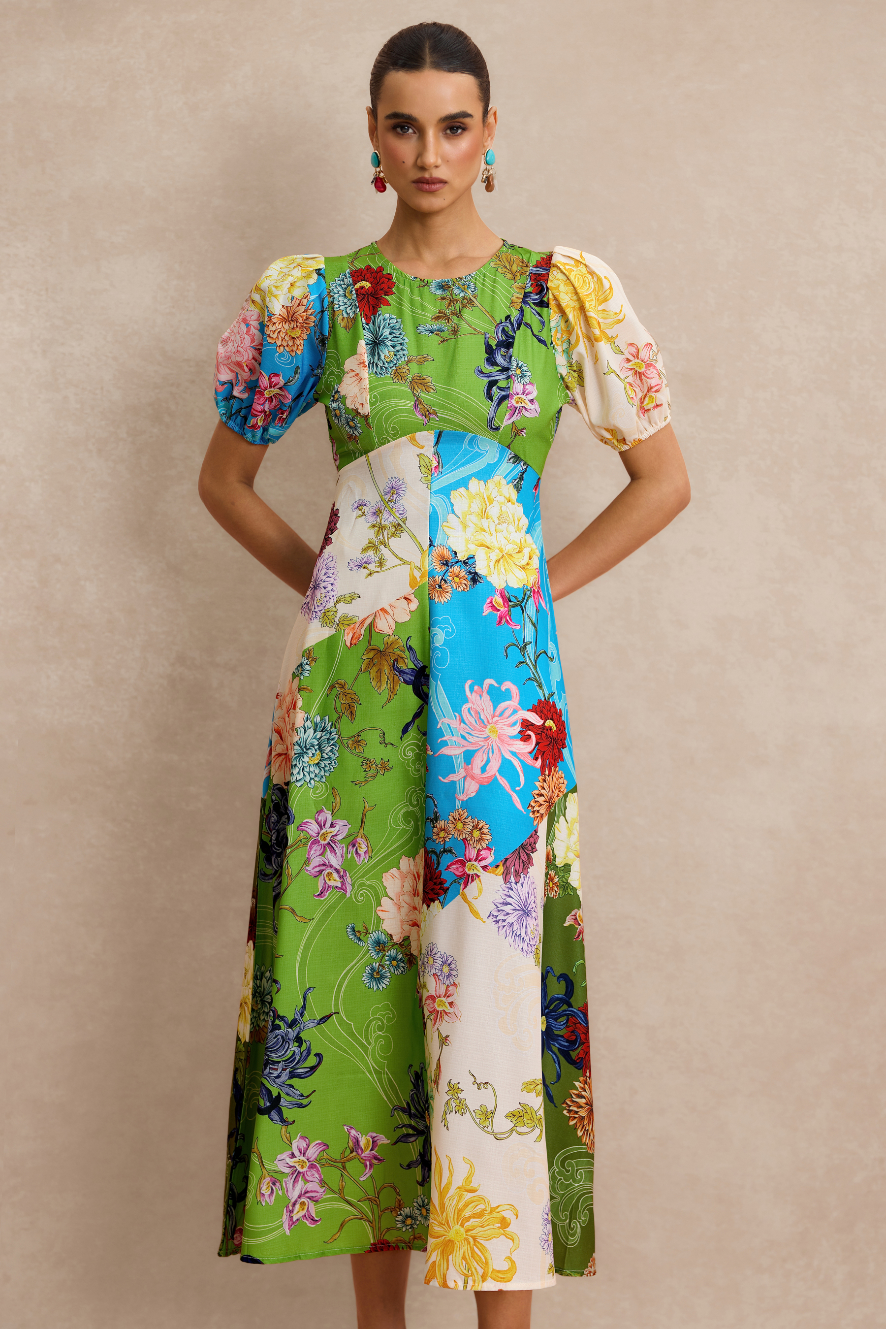 Floral Splicing Puff Sleeve Midi Dress