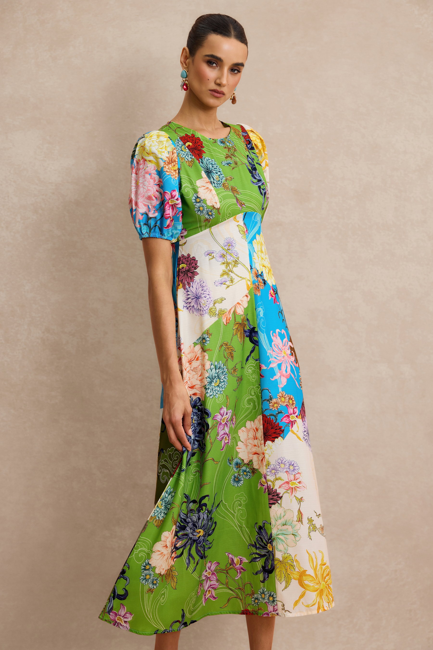 Floral Splicing Puff Sleeve Midi Dress