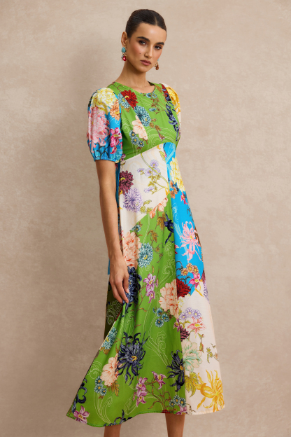 Floral Splicing Puff Sleeve Midi Dress