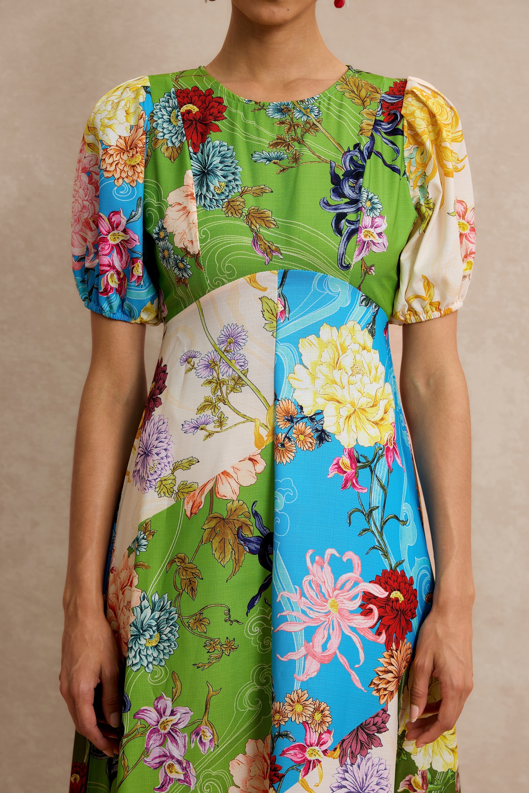 Floral Splicing Puff Sleeve Midi Dress