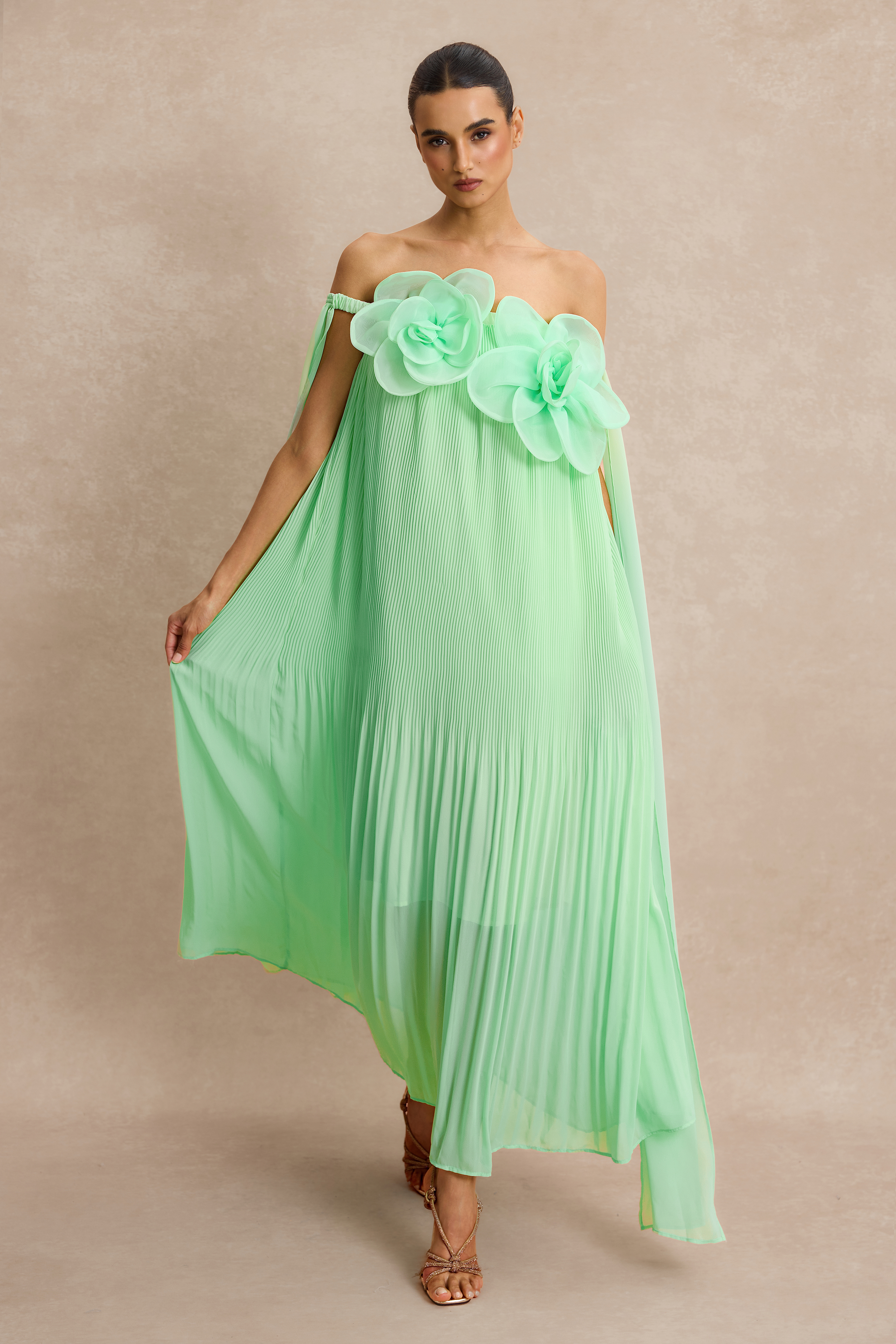 Off Shoulder 3D Floral Pleat Midi Dress