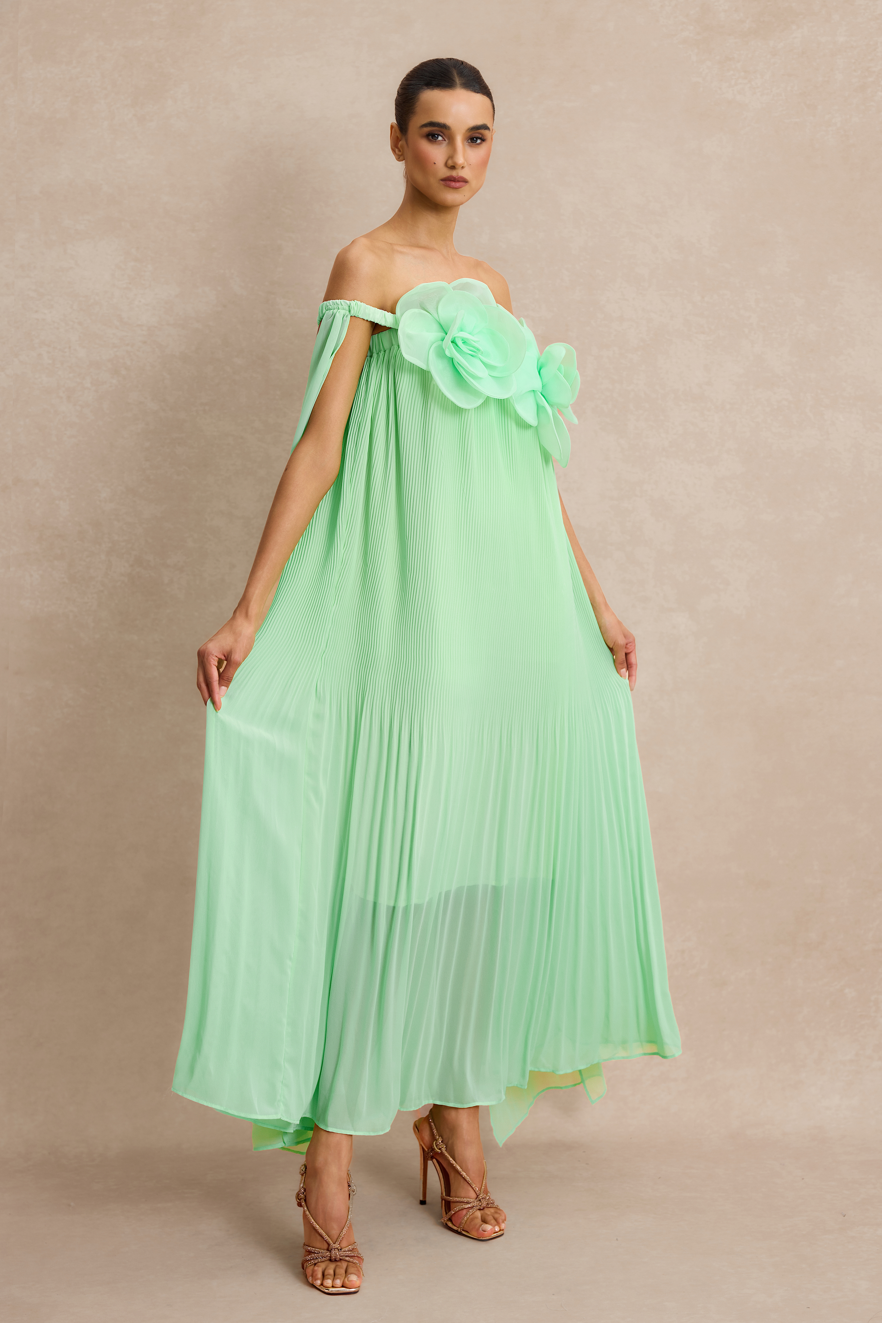 Off Shoulder 3D Floral Pleat Midi Dress