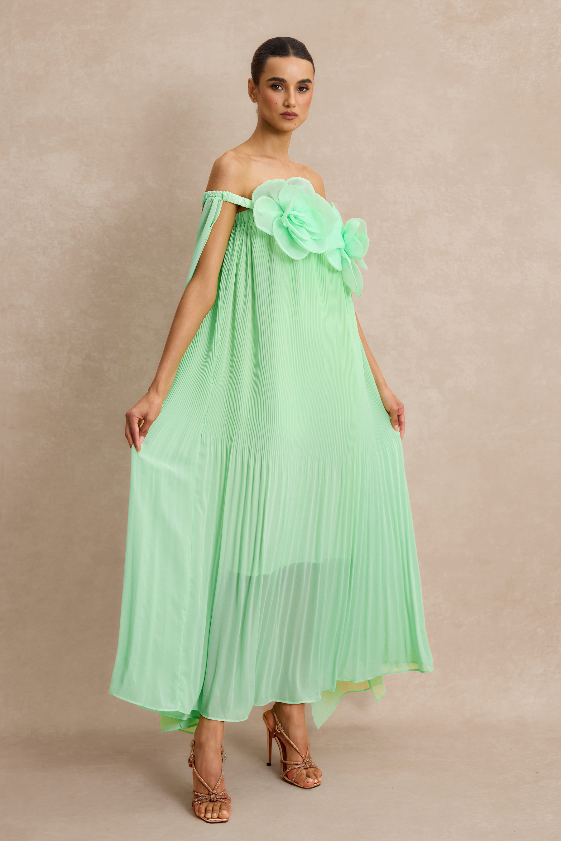 Off Shoulder 3D Floral Pleat Midi Dress