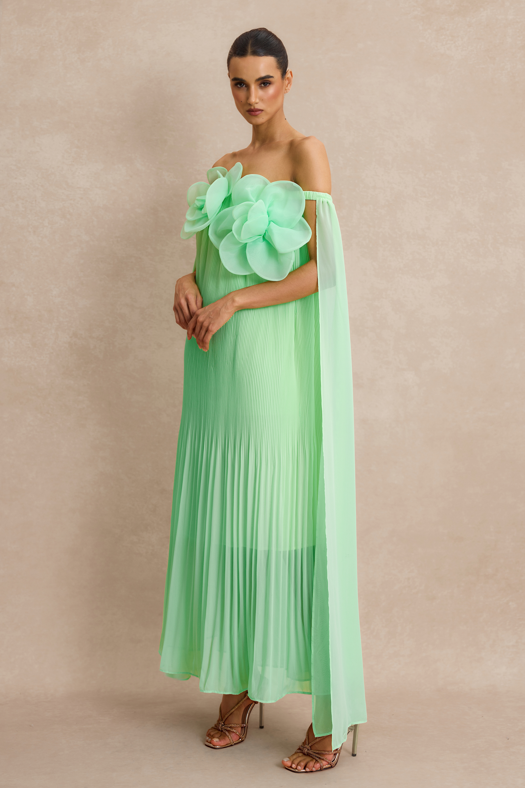 Off Shoulder 3D Floral Pleat Midi Dress