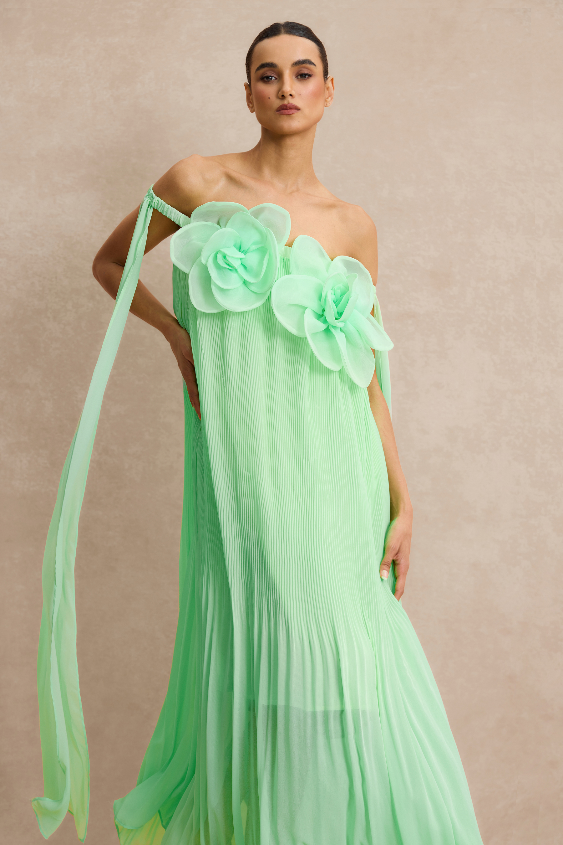 Off Shoulder 3D Floral Pleat Midi Dress