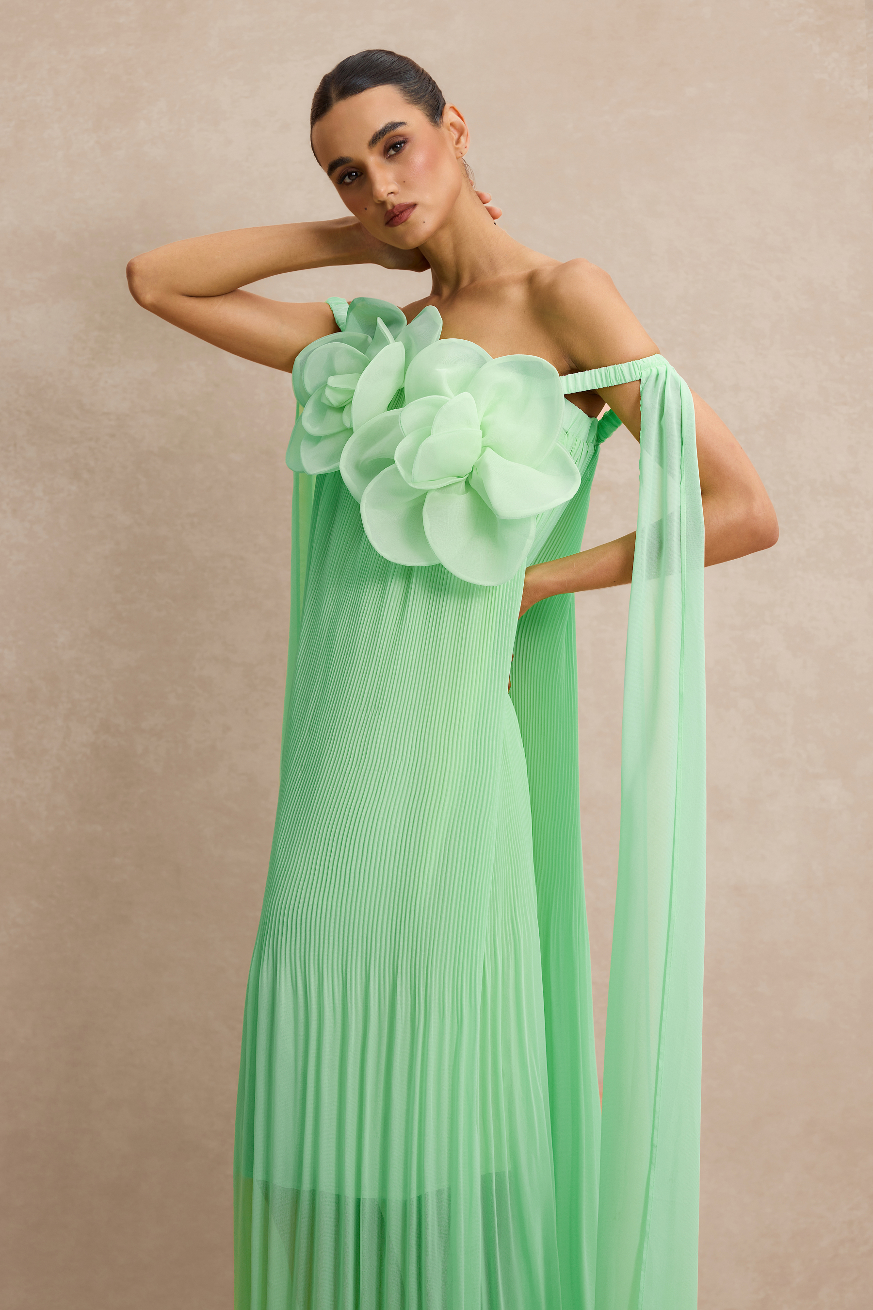 Off Shoulder 3D Floral Pleat Midi Dress
