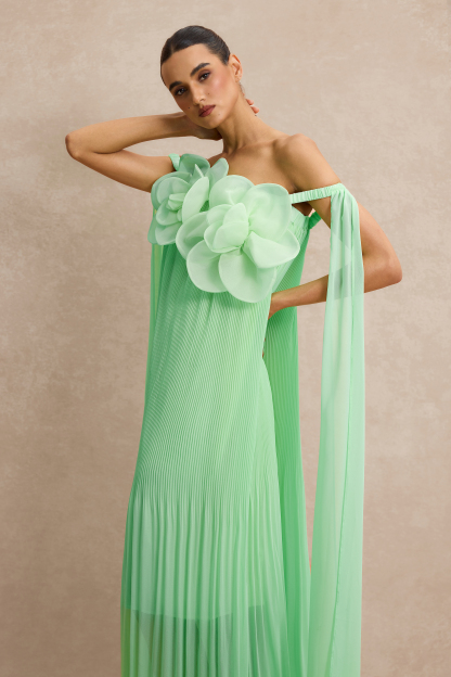 Off Shoulder 3D Floral Pleat Midi Dress