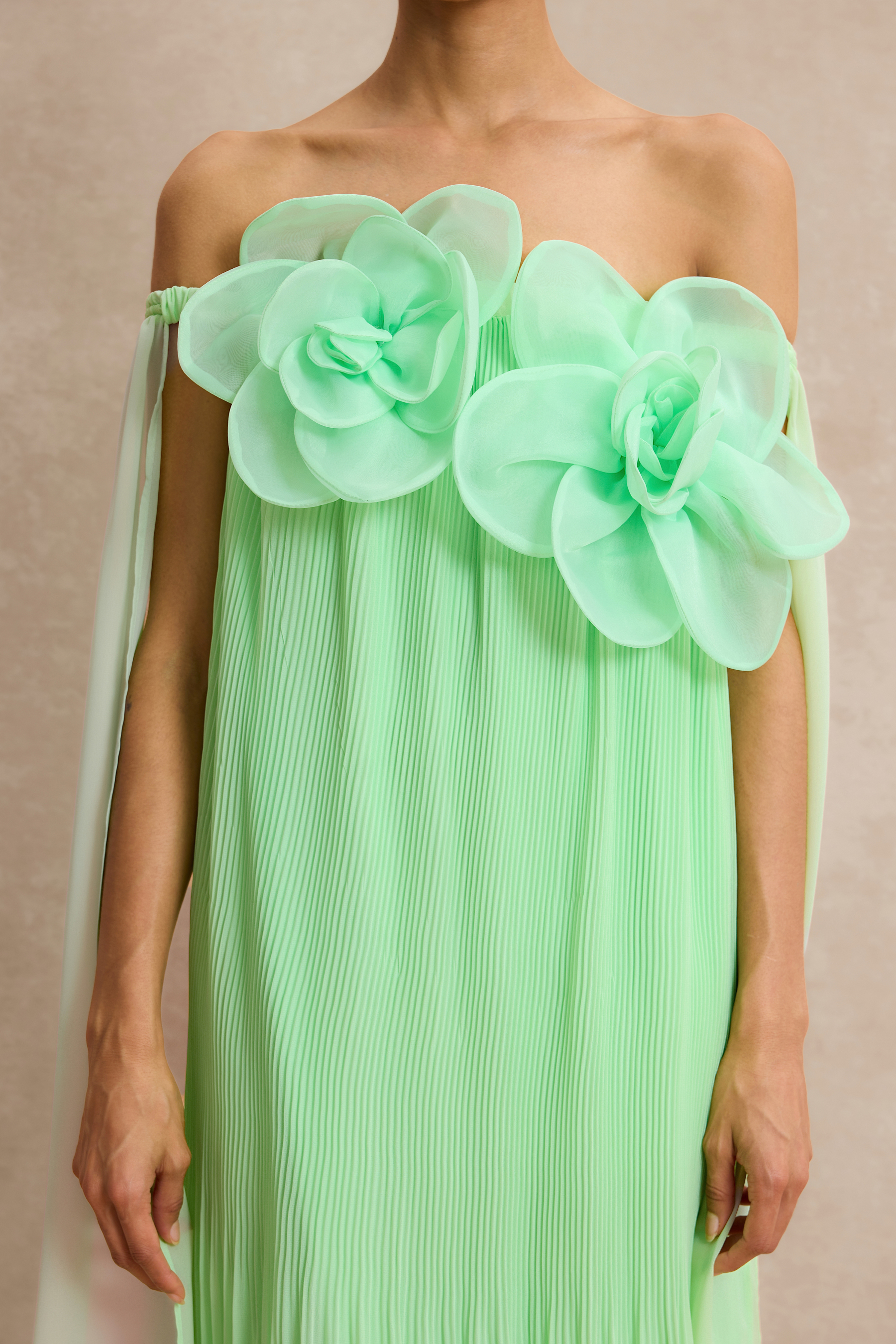 Off Shoulder 3D Floral Pleat Midi Dress