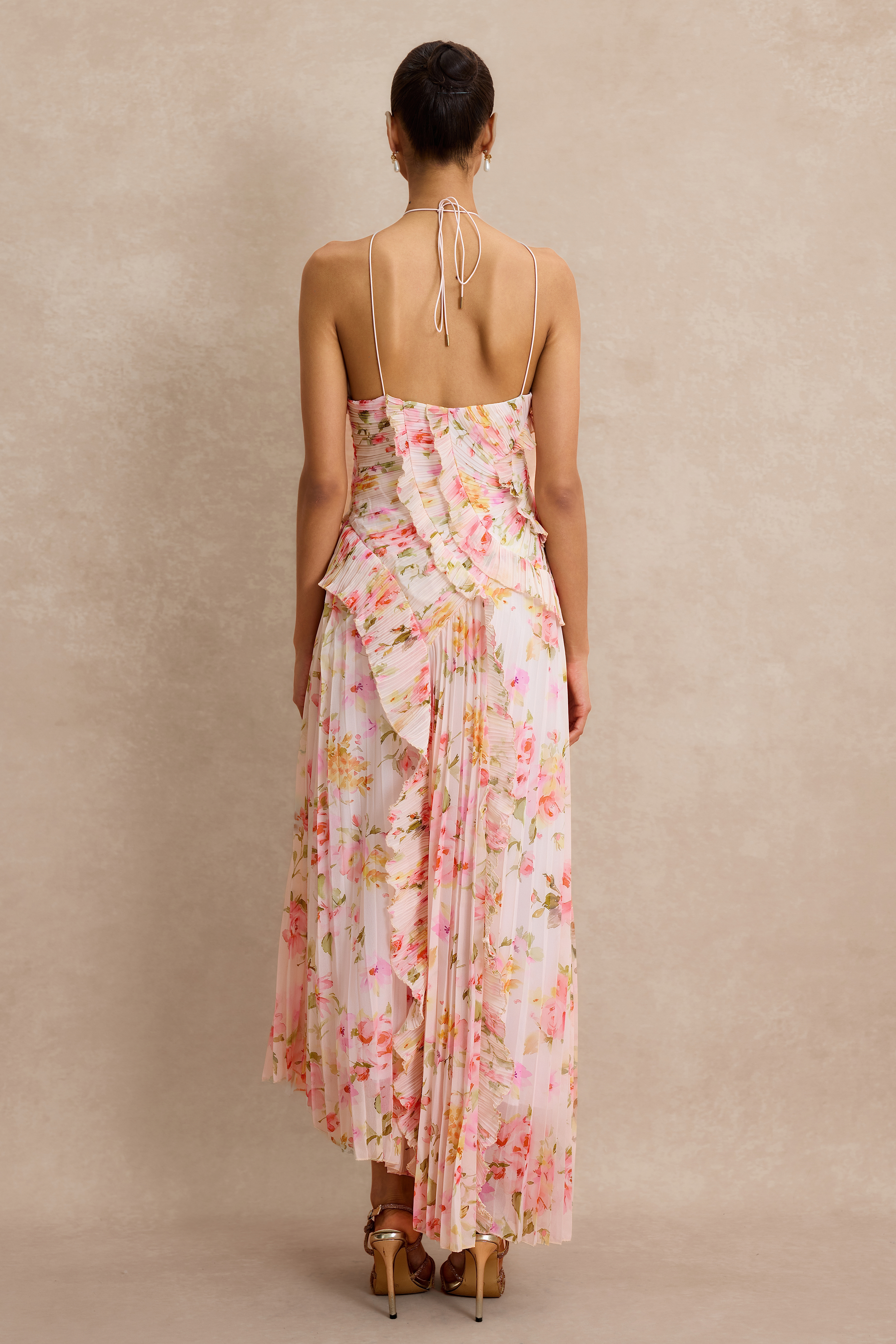 Pleated Frill Halter Neck Midi Dress