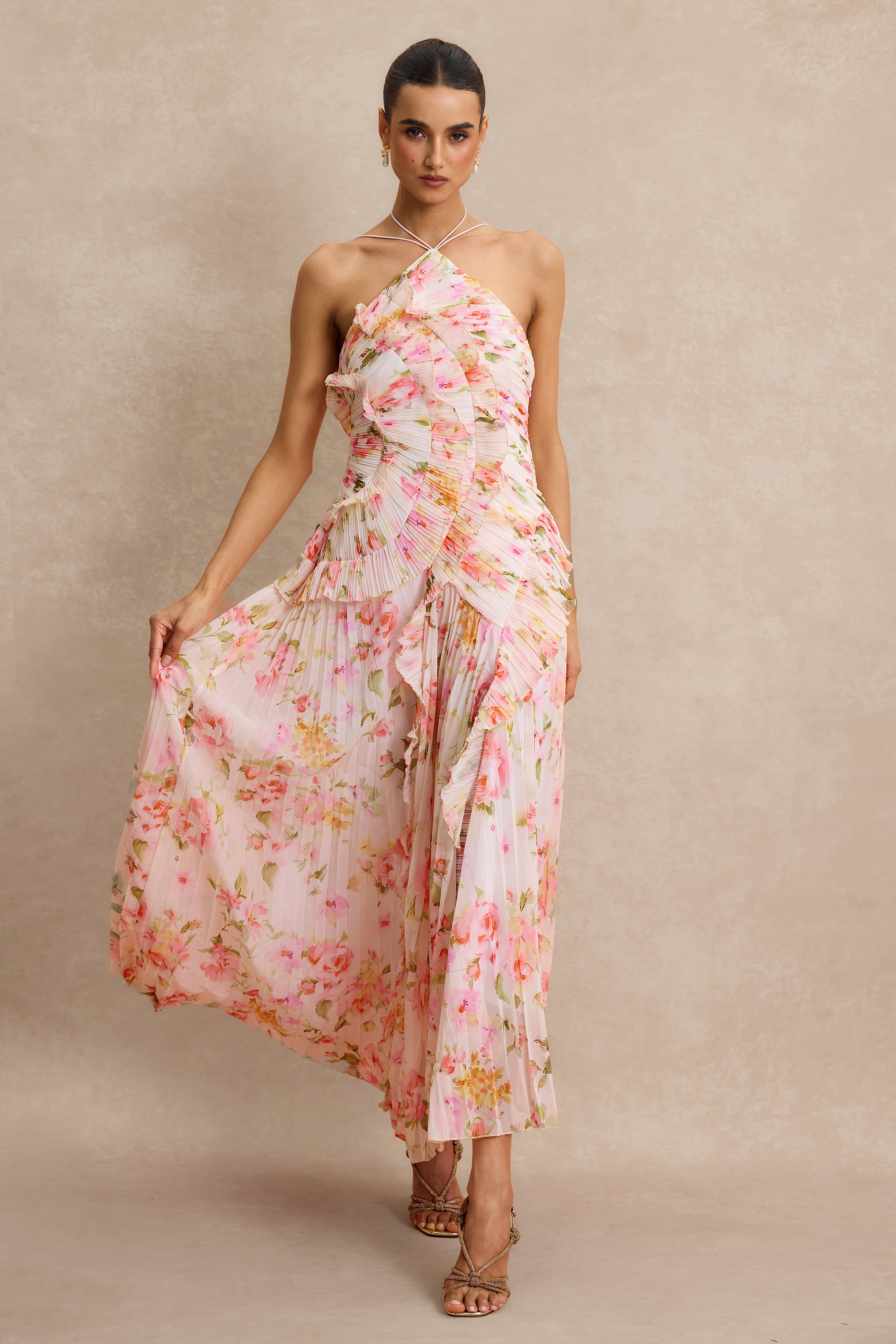 Pleated Frill Halter Neck Midi Dress