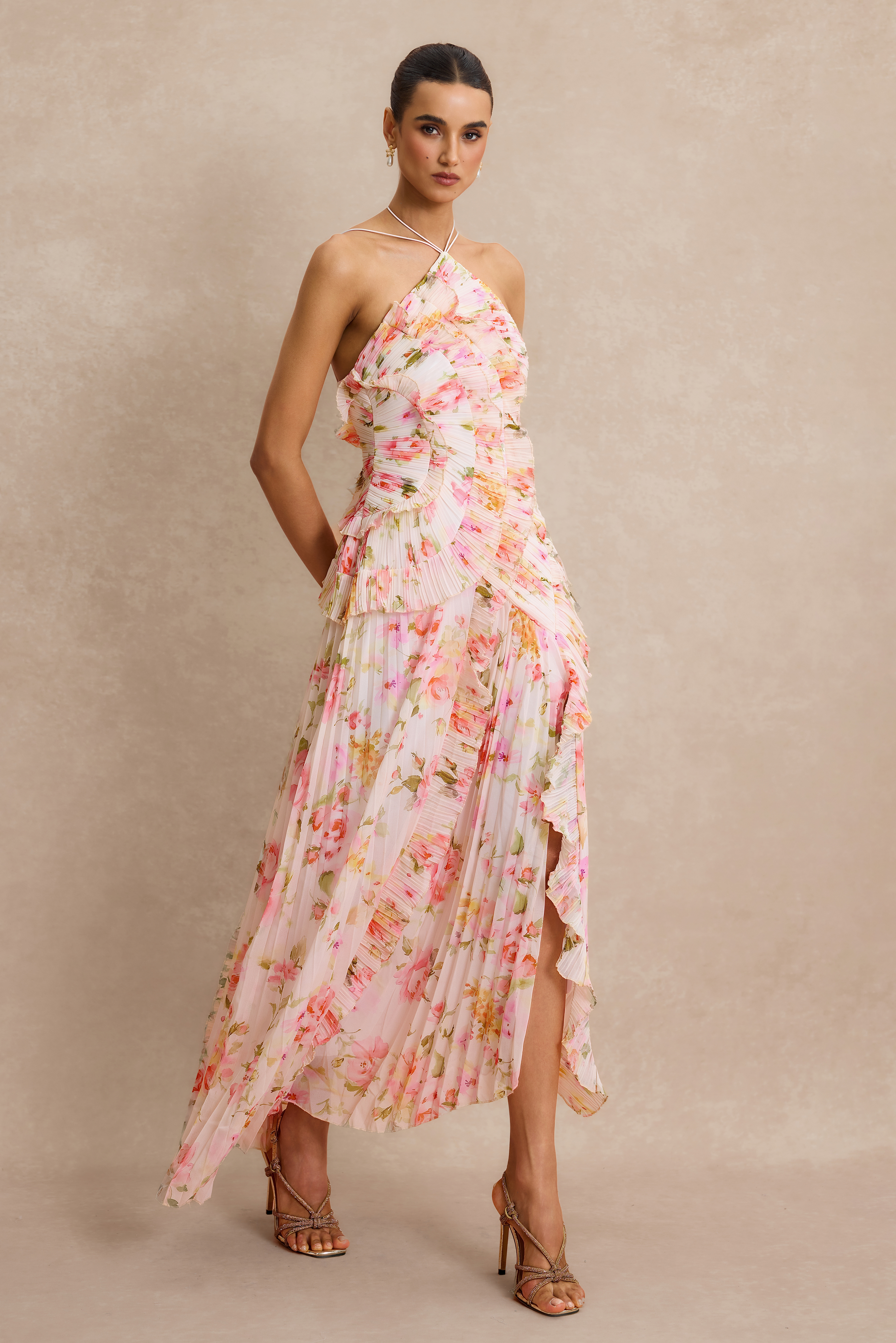 Pleated Frill Halter Neck Midi Dress