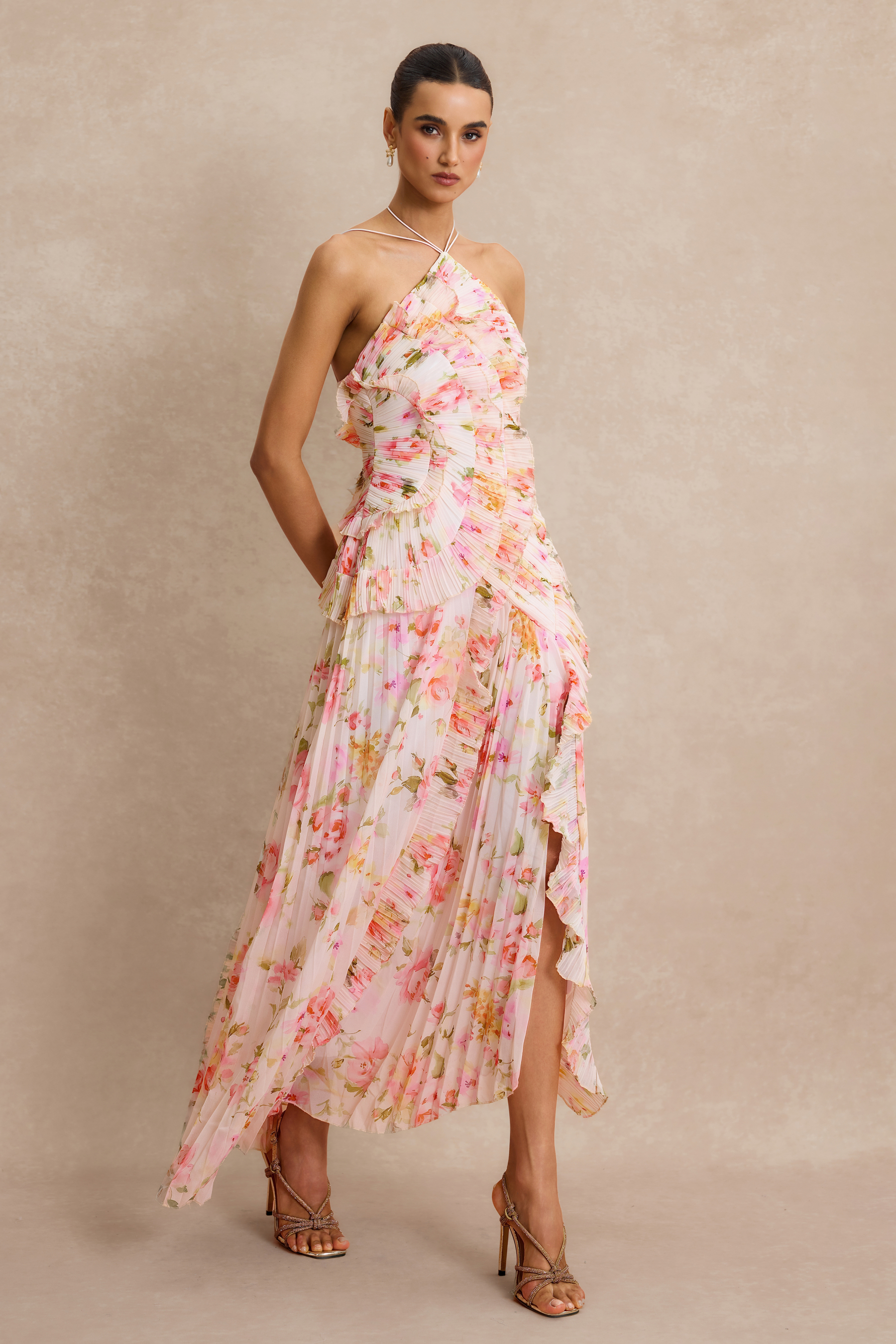 Pleated Frill Halter Neck Midi Dress