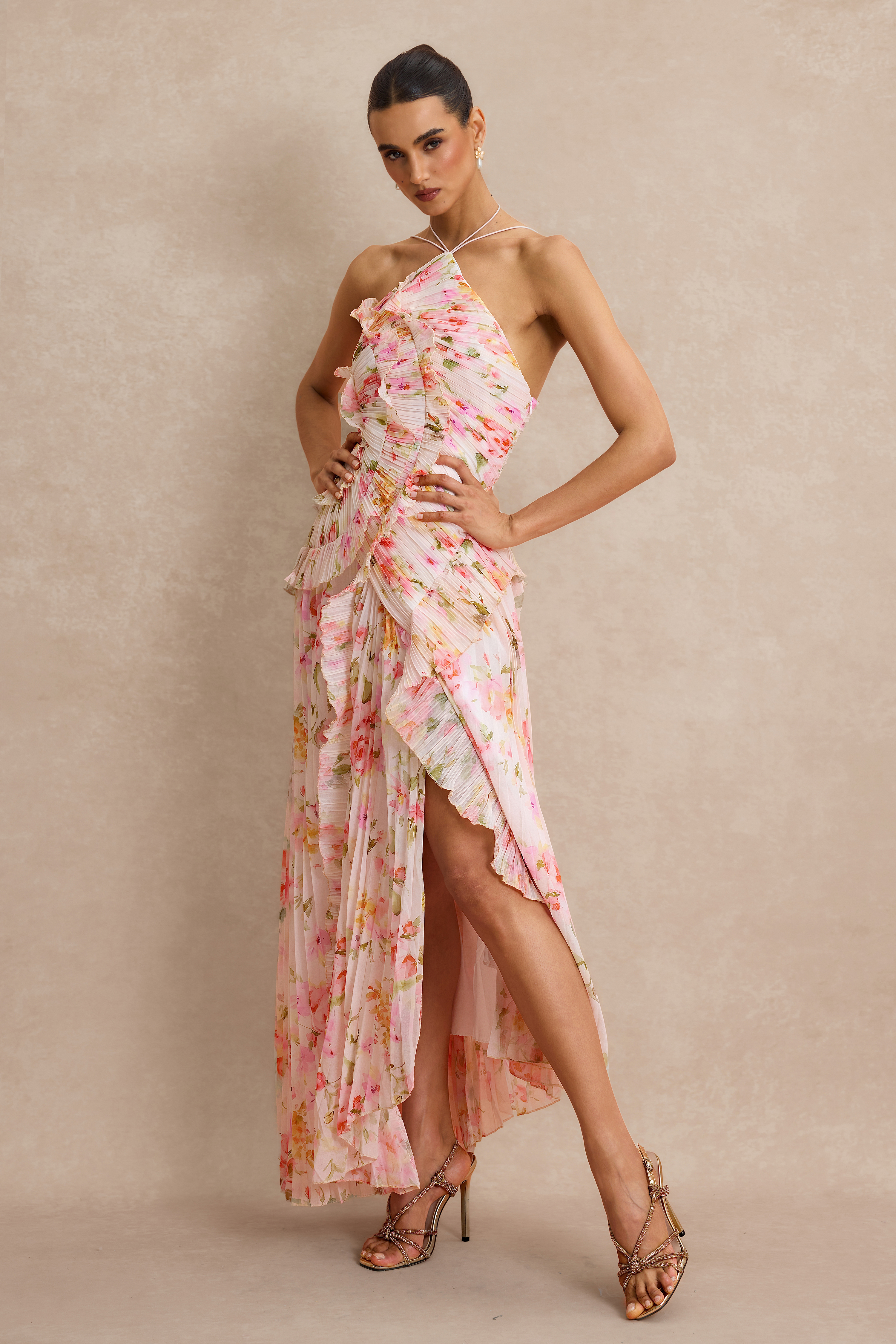 Pleated Frill Halter Neck Midi Dress