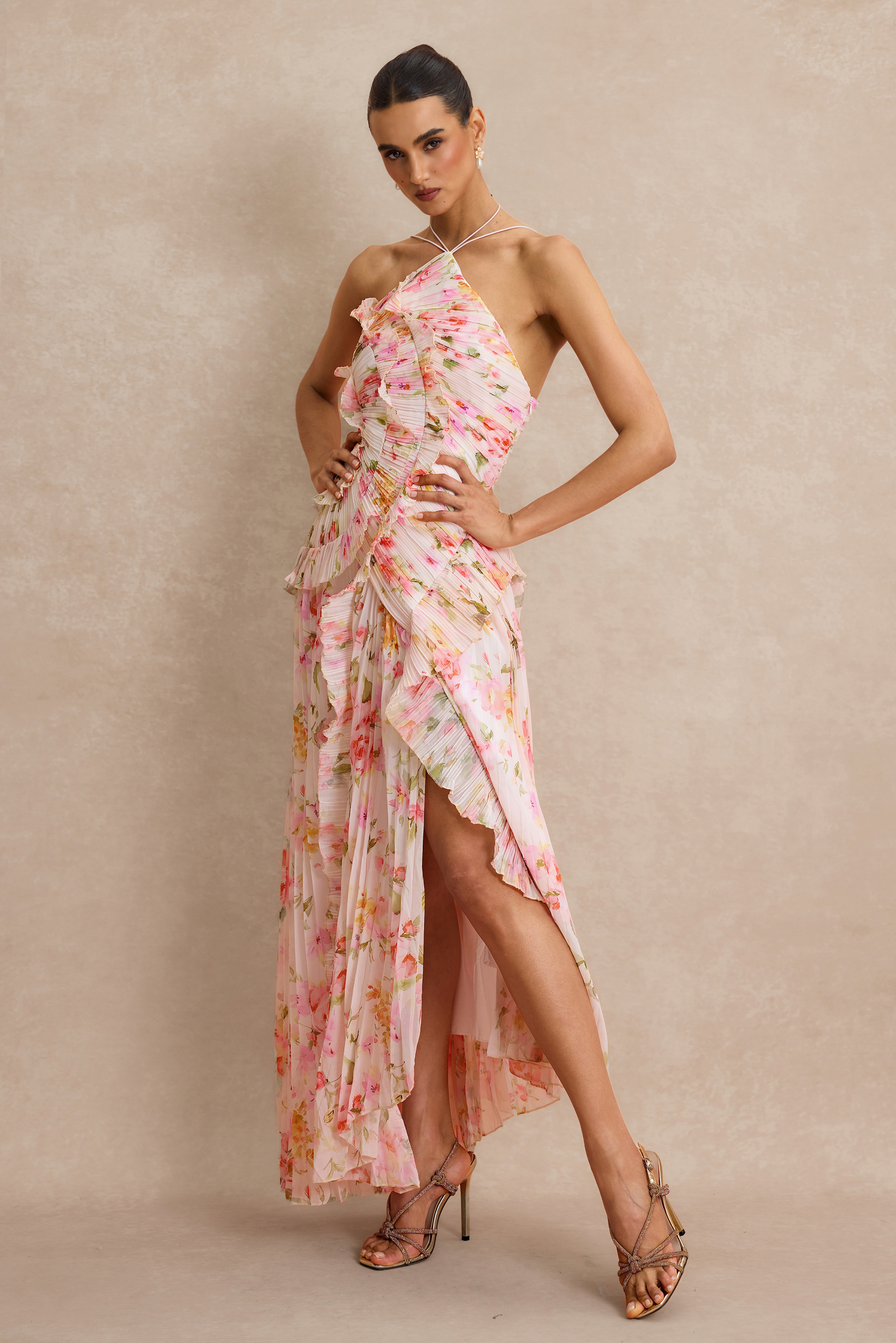 Pleated Frill Halter Neck Midi Dress