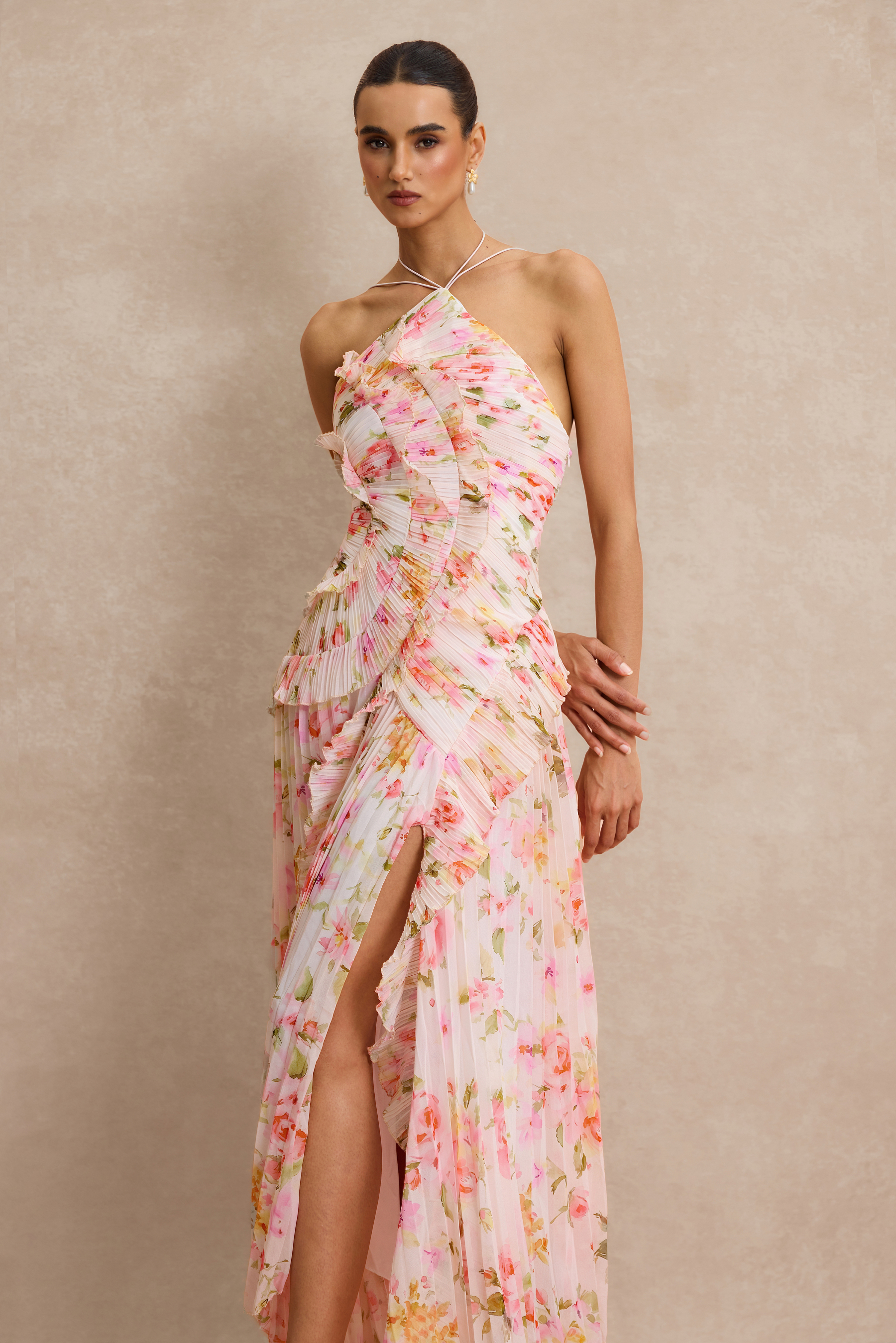 Pleated Frill Halter Neck Midi Dress