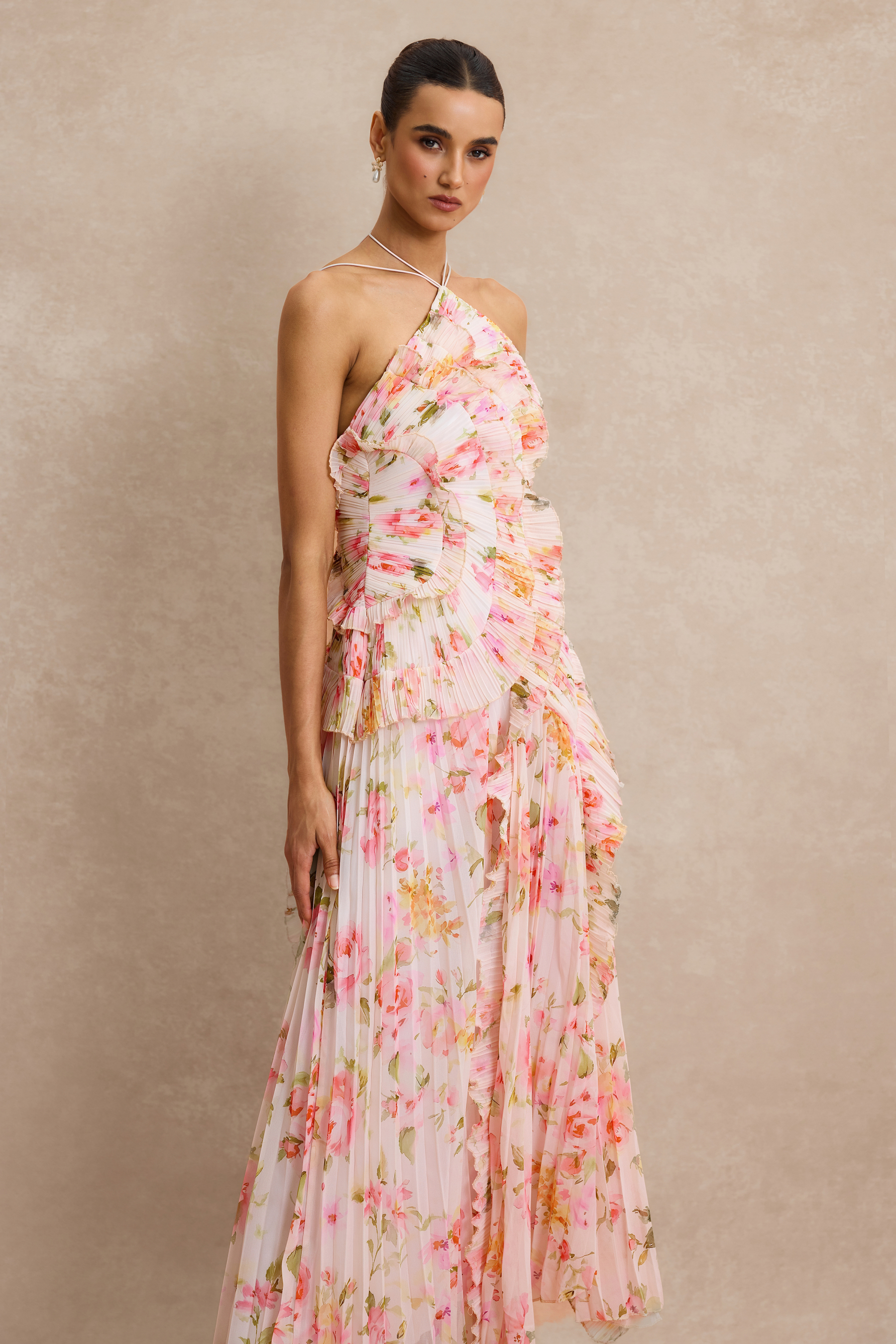 Pleated Frill Halter Neck Midi Dress