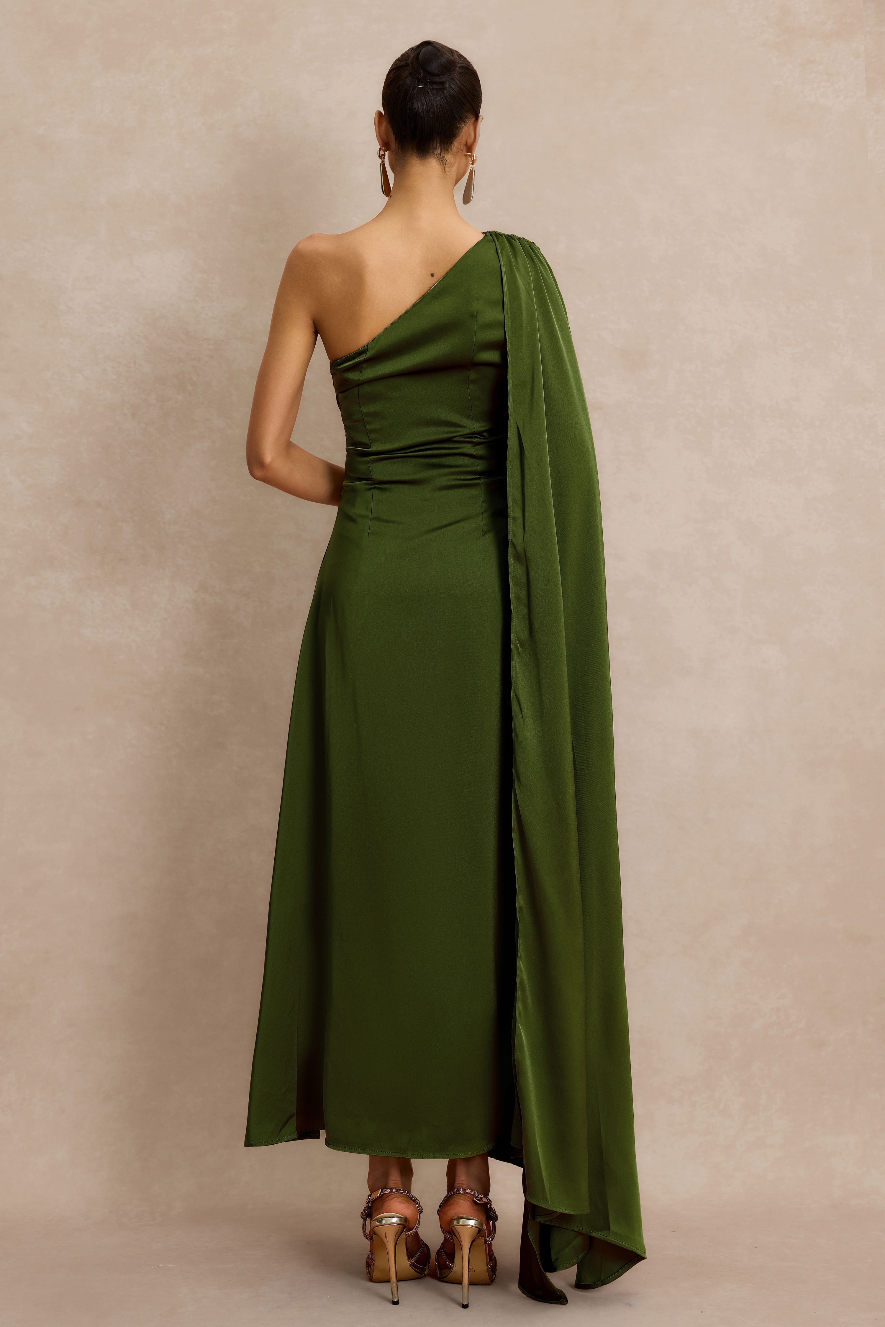 Asymmetrical One Shoulder Pleat Midi Dress With Cape