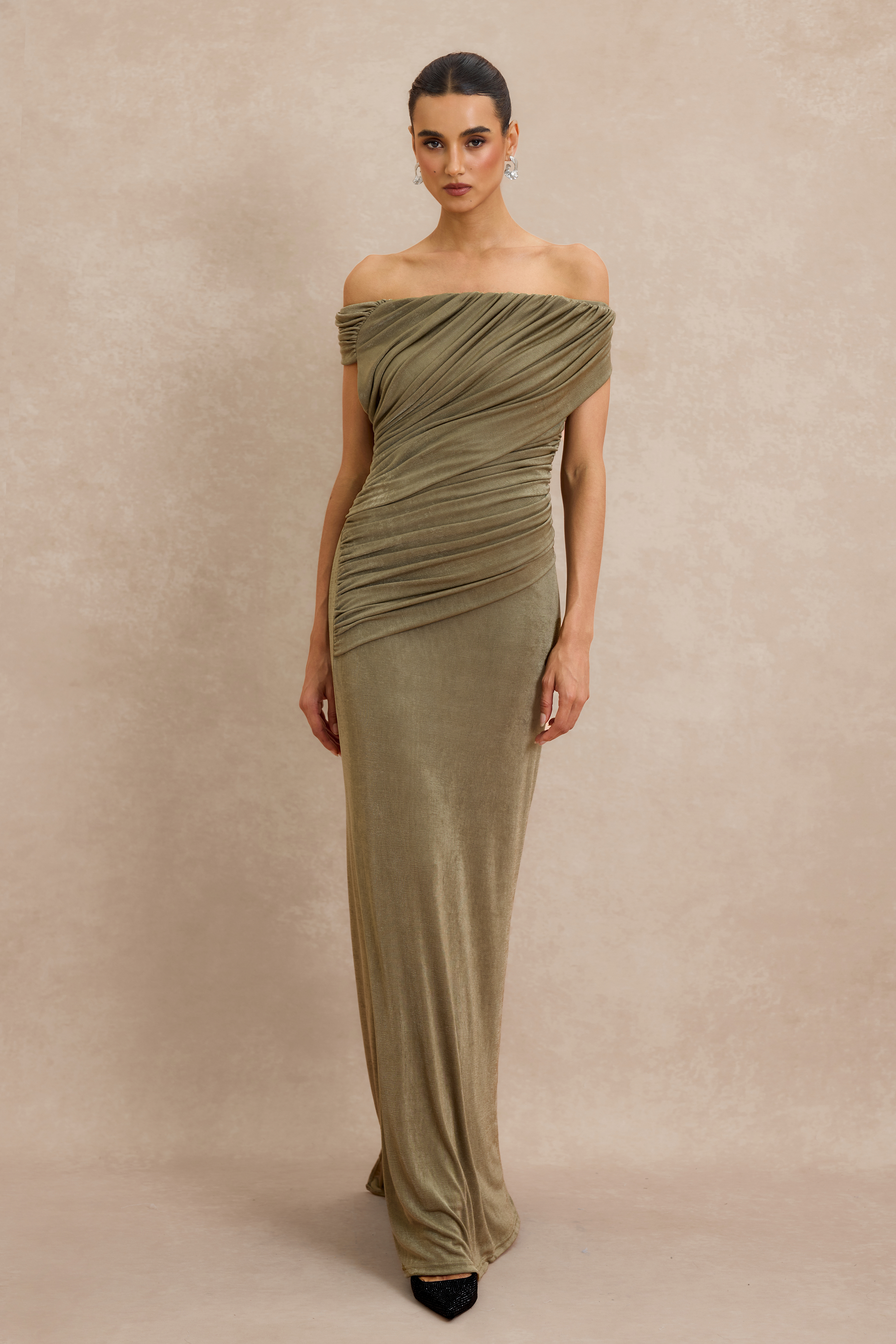 Off Shoulder Ruched Maxi Dress