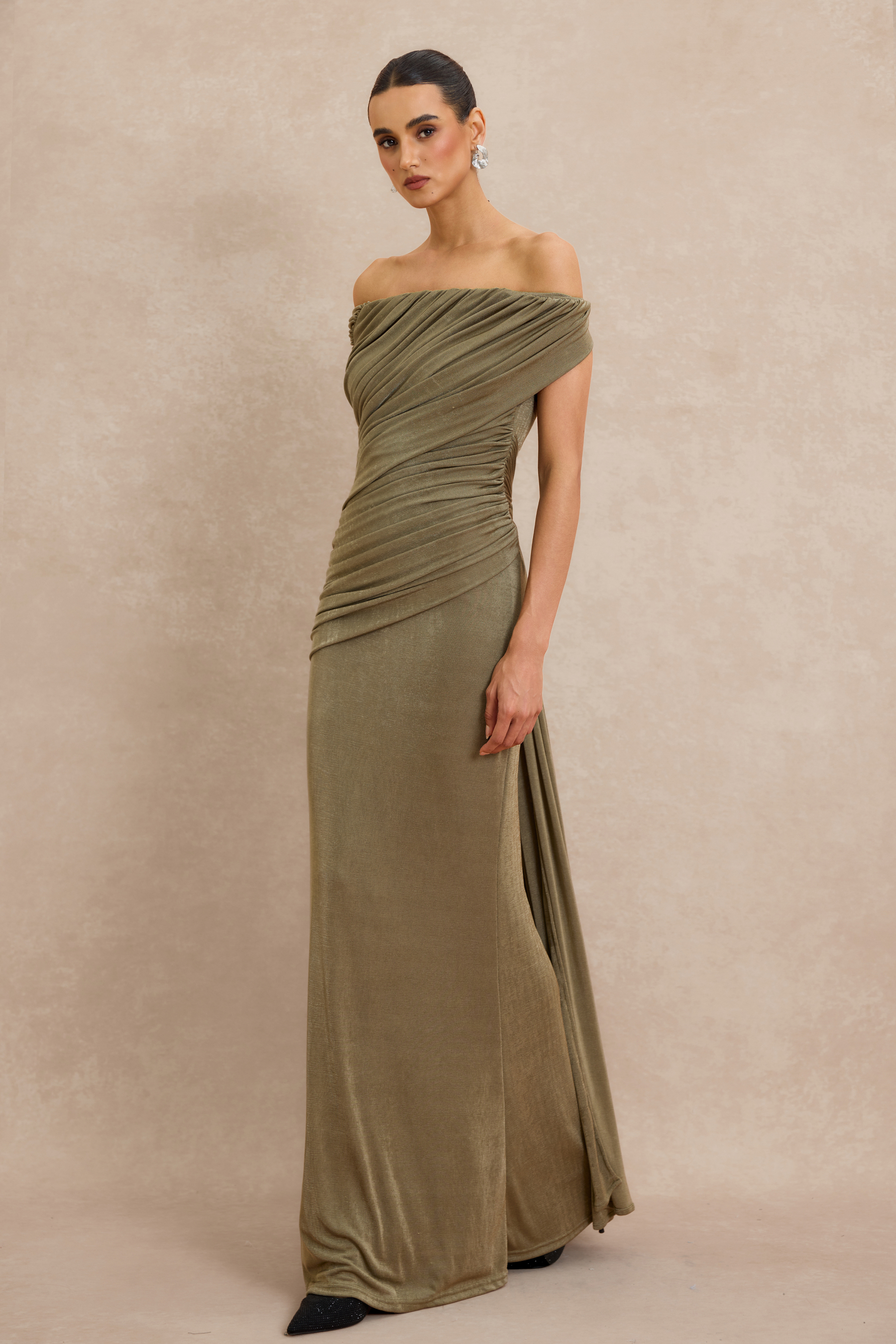 Off Shoulder Ruched Maxi Dress