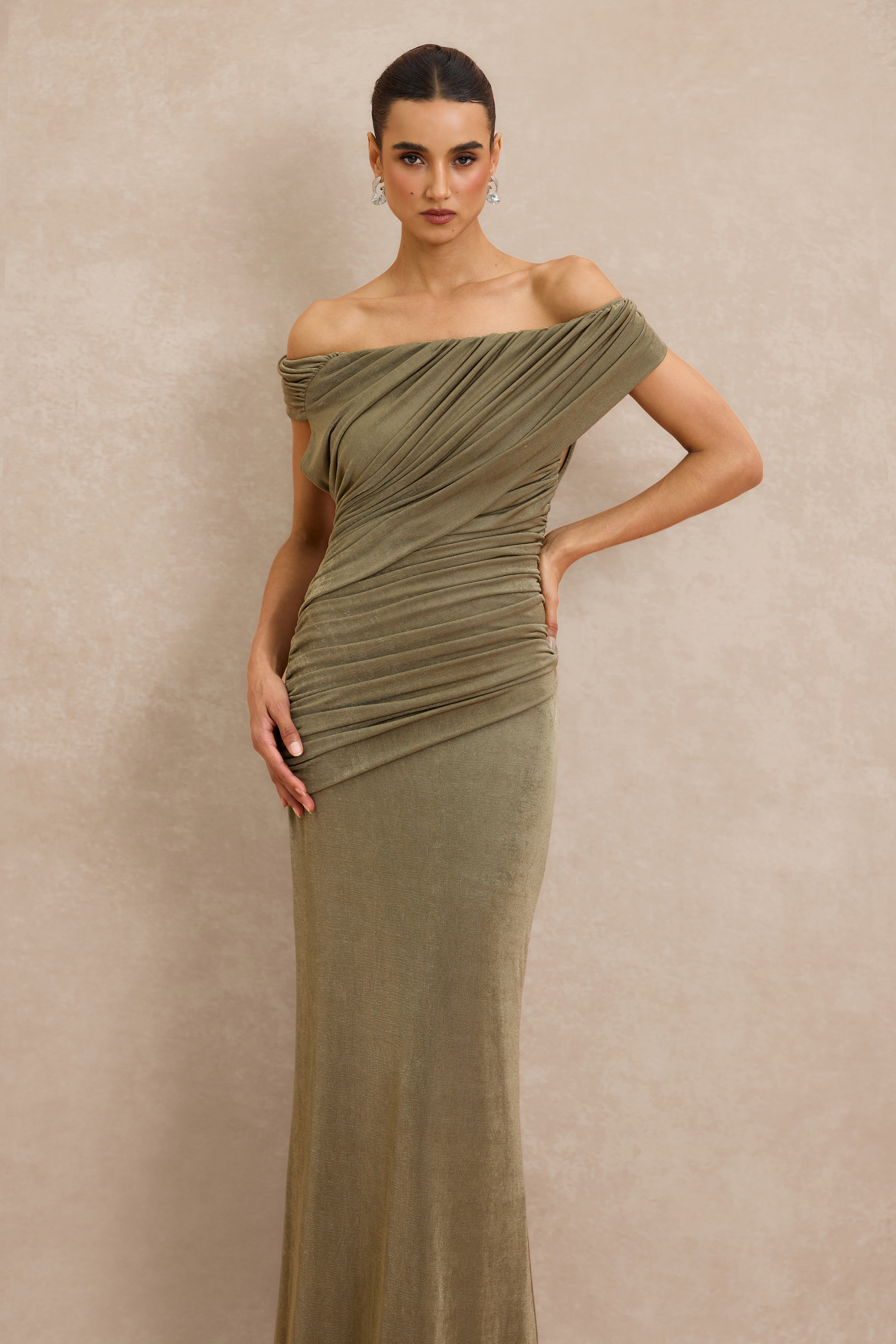 Off Shoulder Ruched Maxi Dress