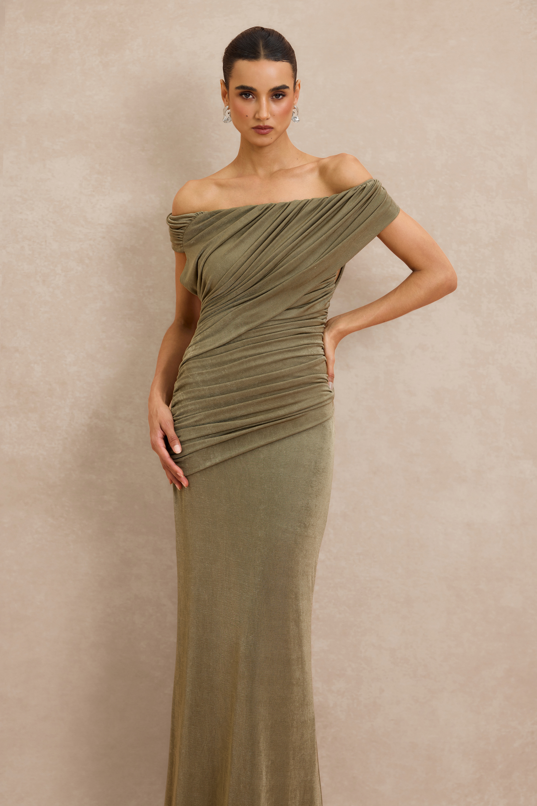 Off Shoulder Ruched Maxi Dress