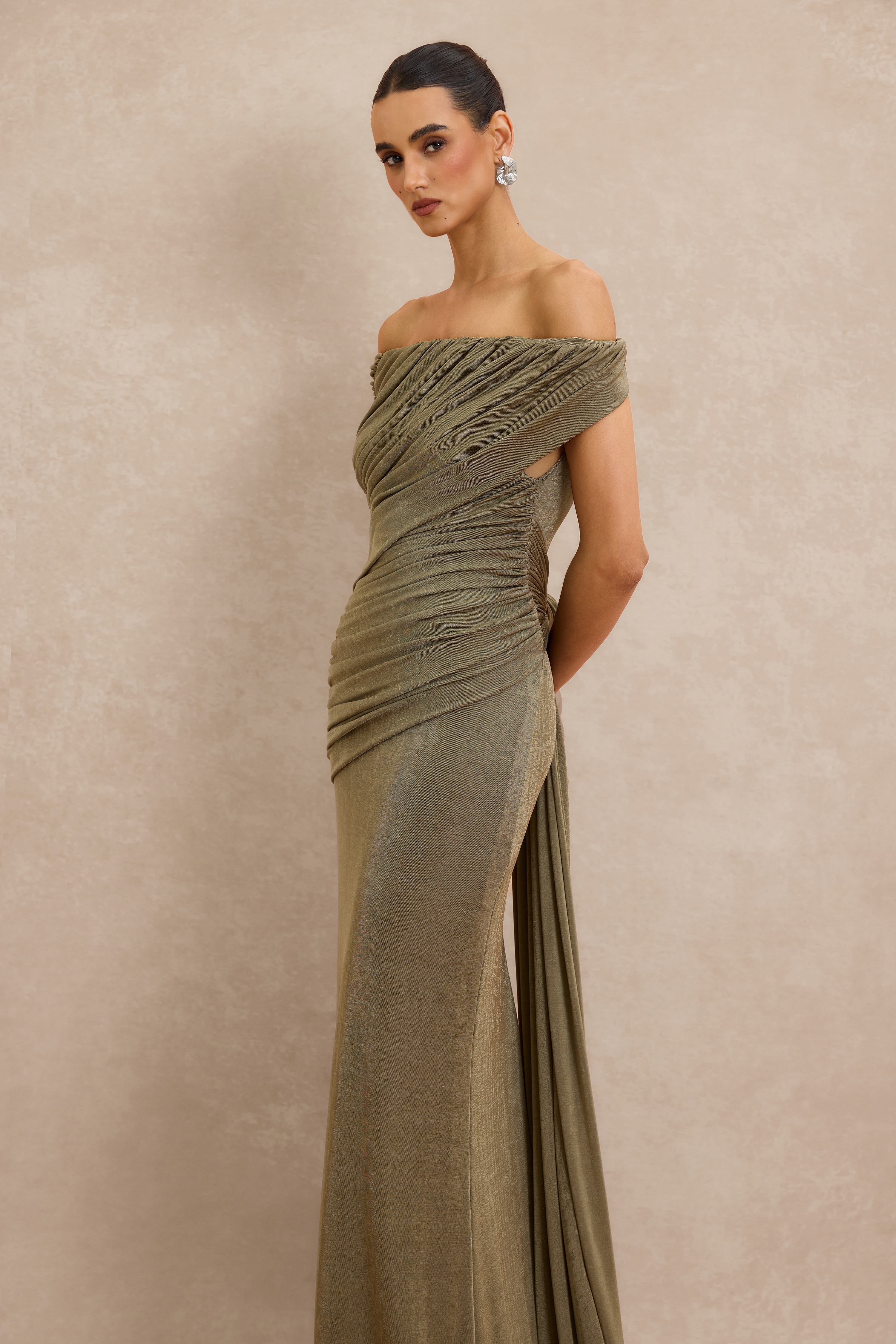 Off Shoulder Ruched Maxi Dress