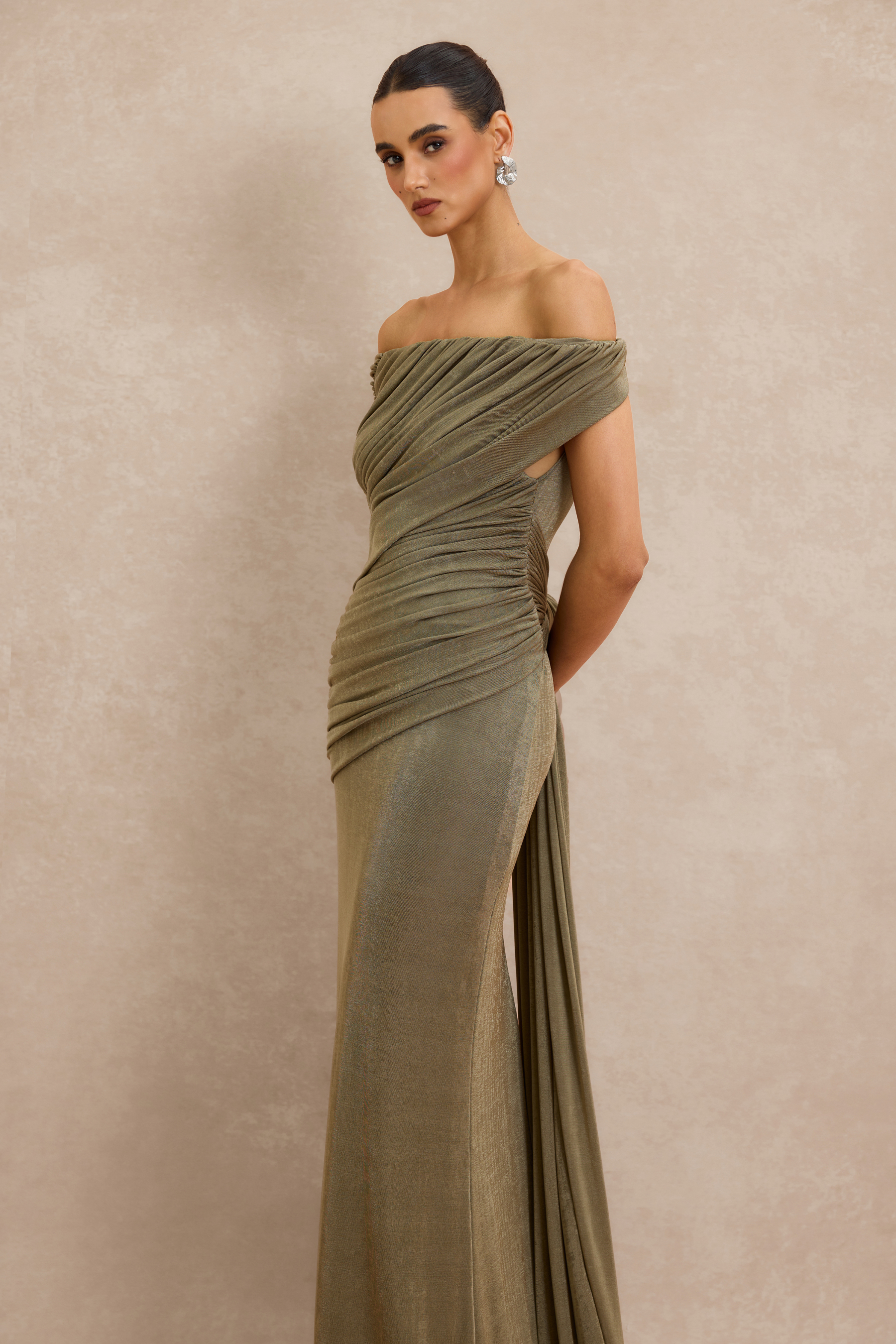 Off Shoulder Ruched Maxi Dress