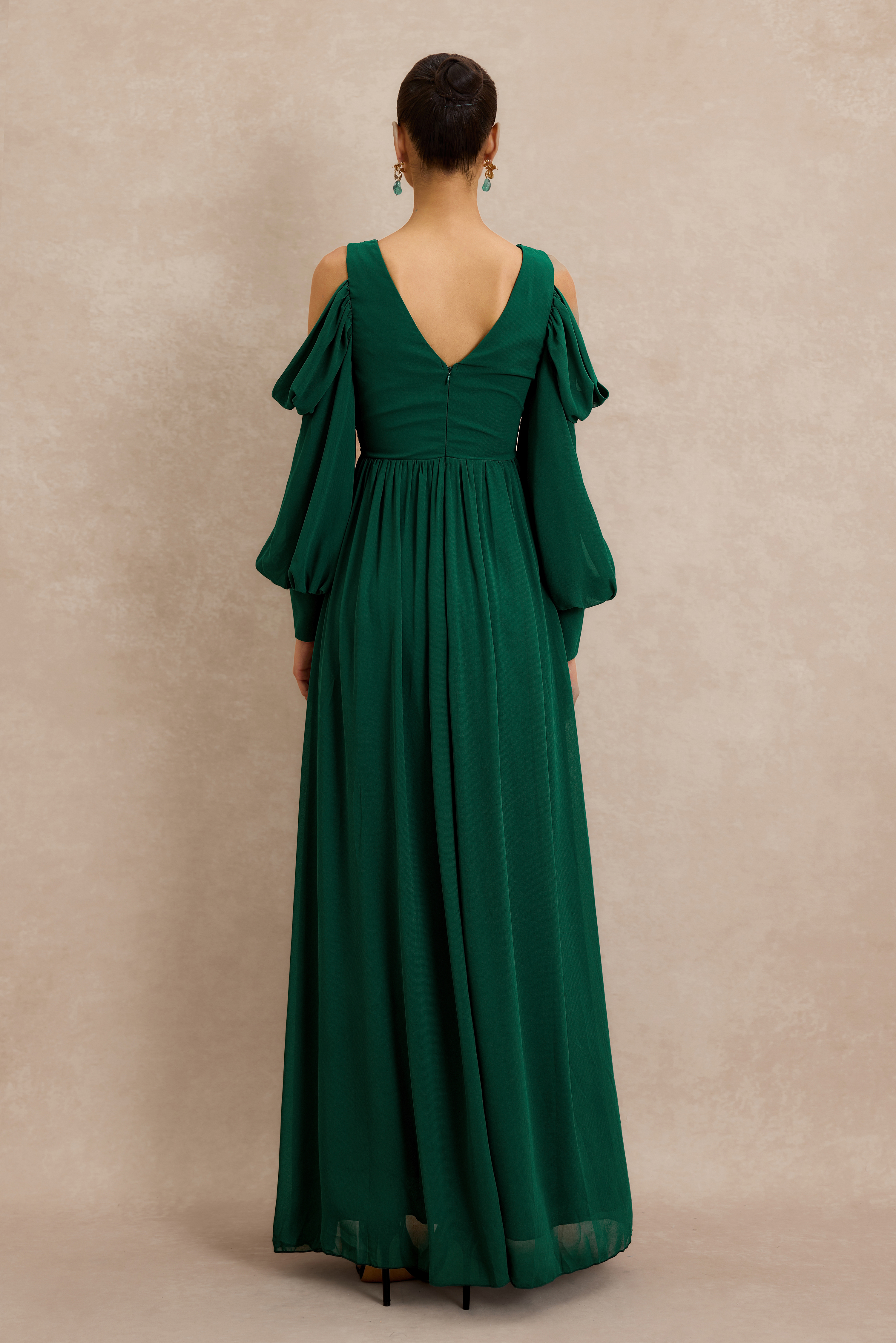 Chiffon Gathering Lantern Sleeve Maxi Dress