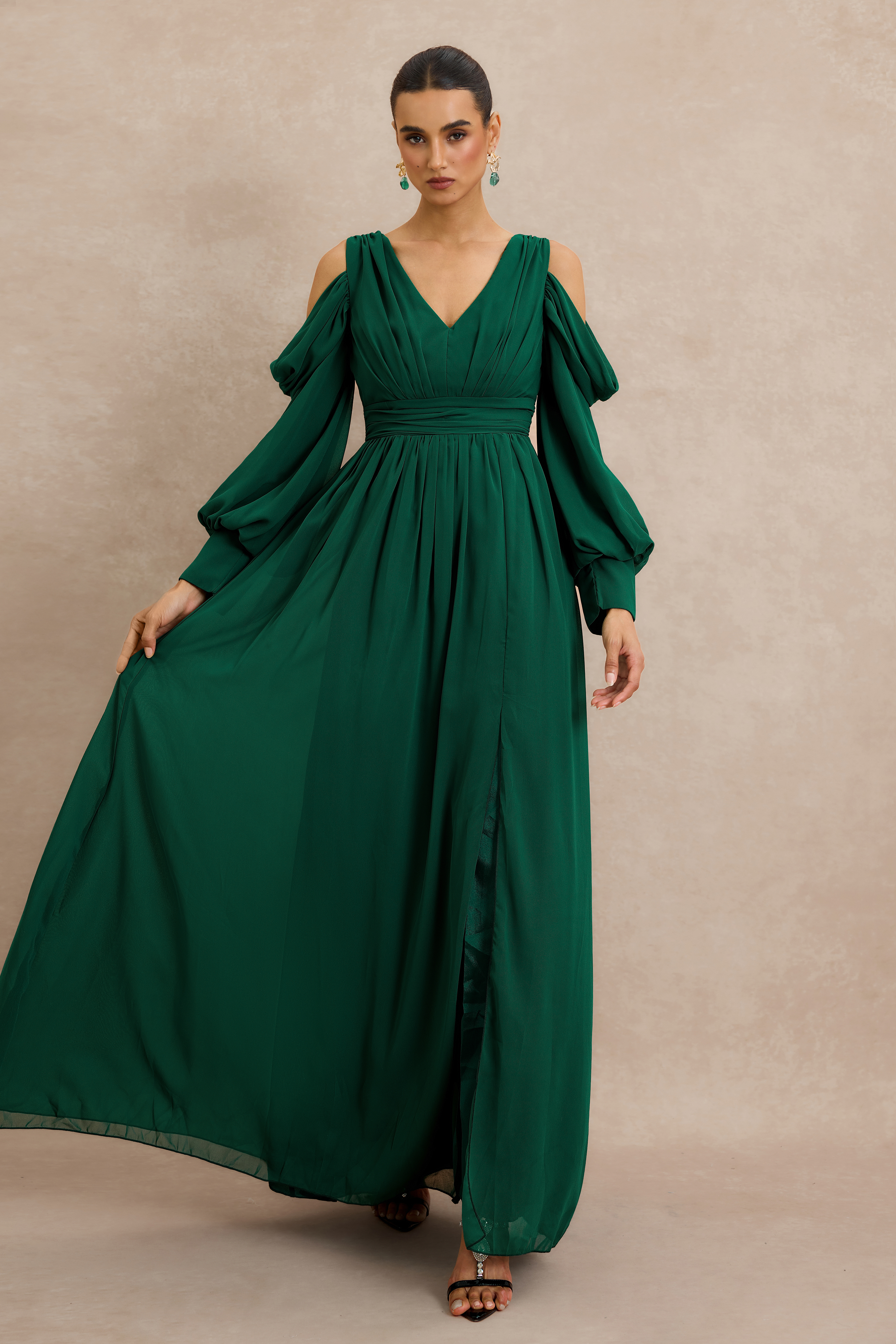Chiffon Gathering Lantern Sleeve Maxi Dress