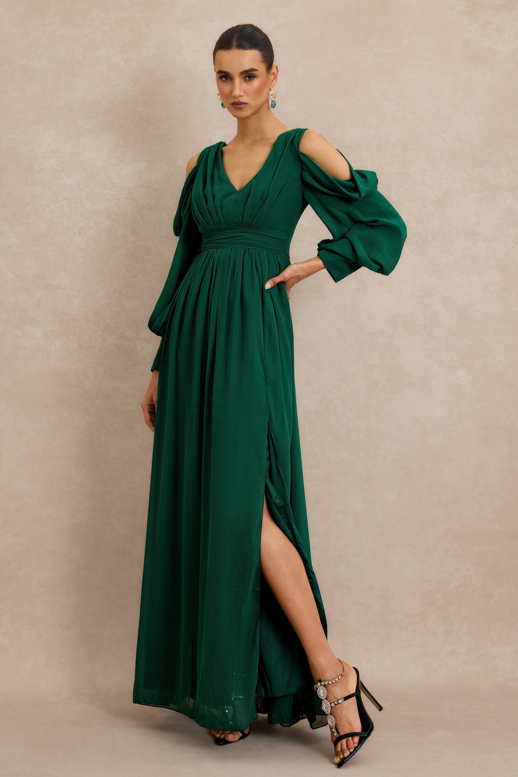 Chiffon Gathering Lantern Sleeve Maxi Dress