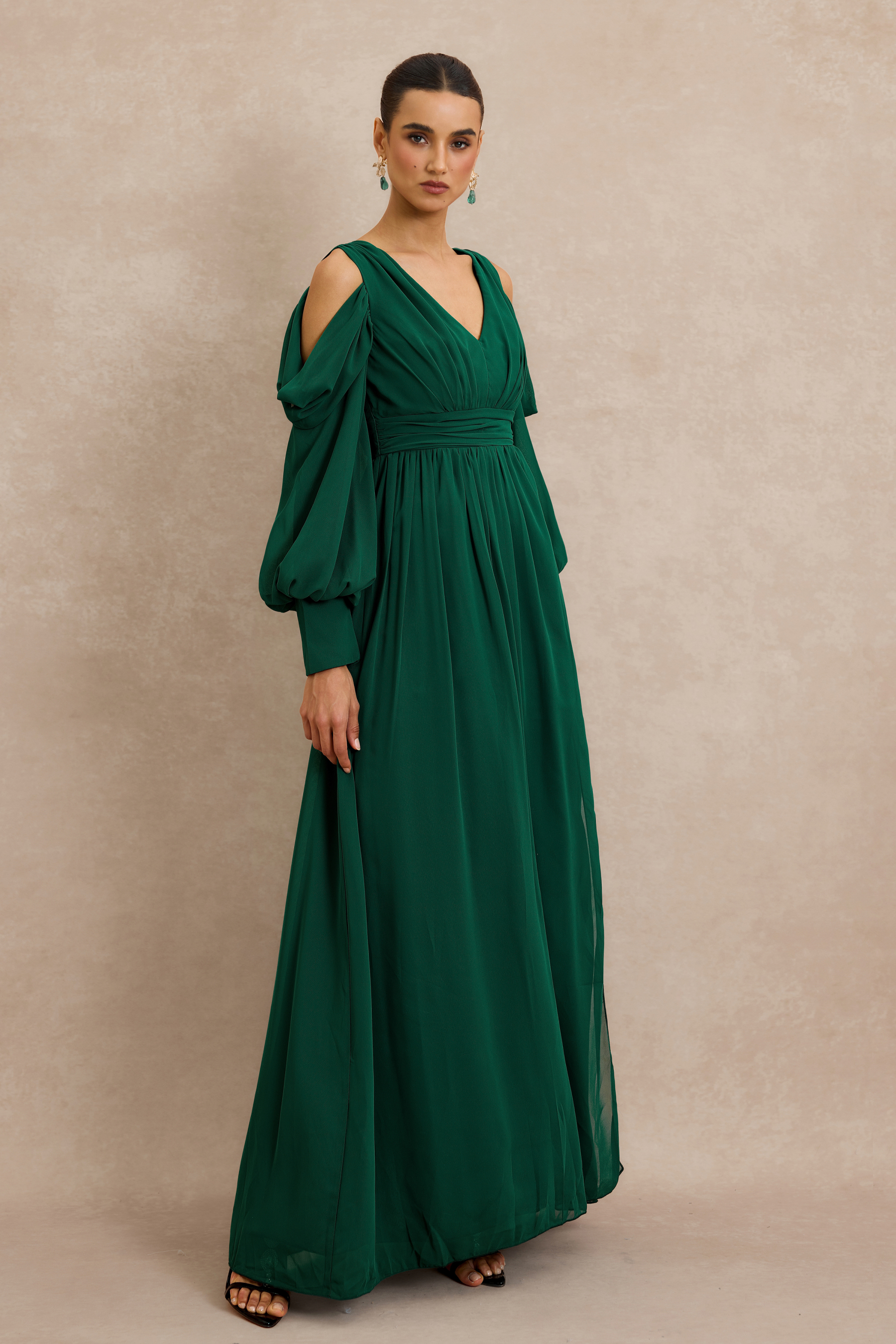 Chiffon Gathering Lantern Sleeve Maxi Dress