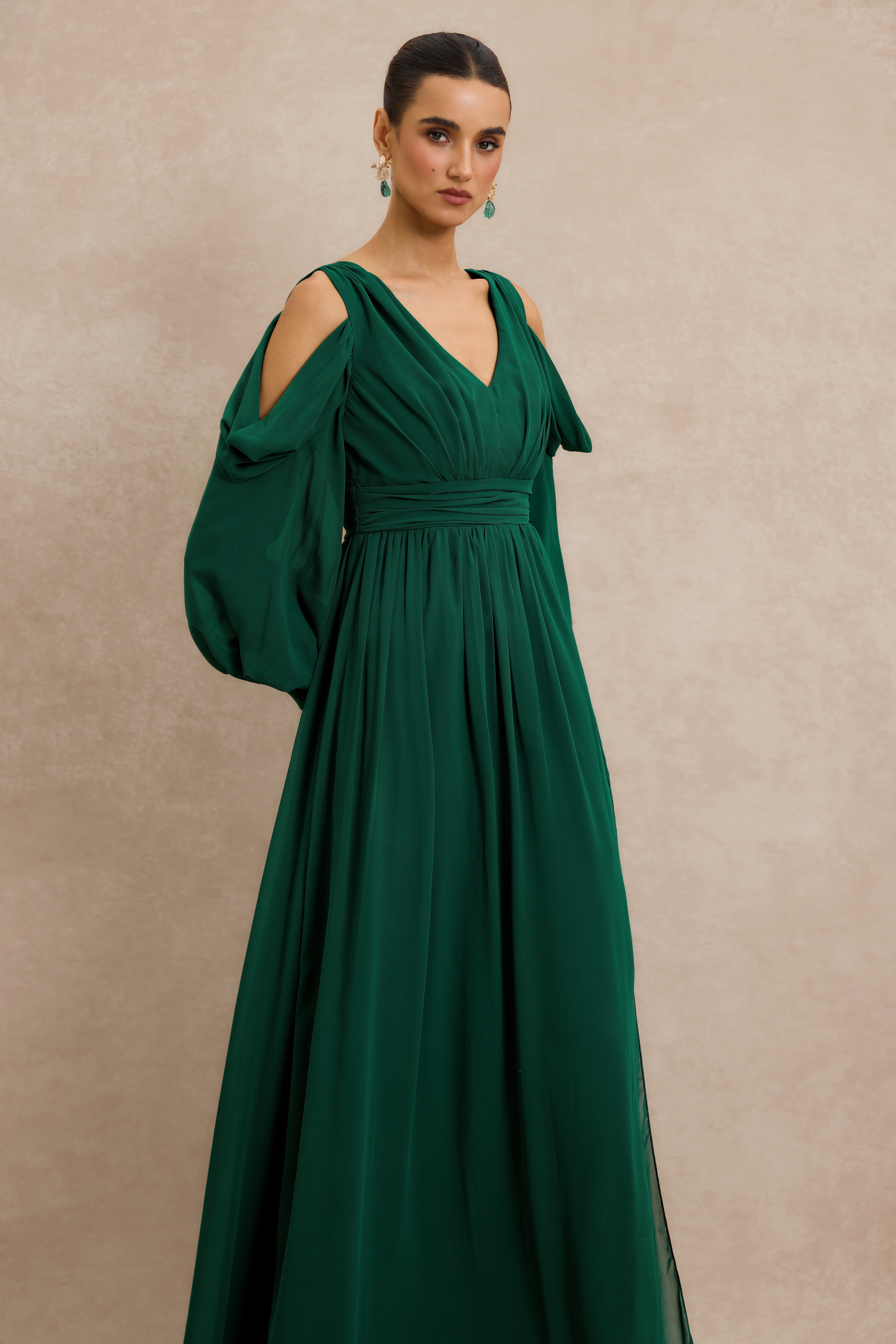 Chiffon Gathering Lantern Sleeve Maxi Dress