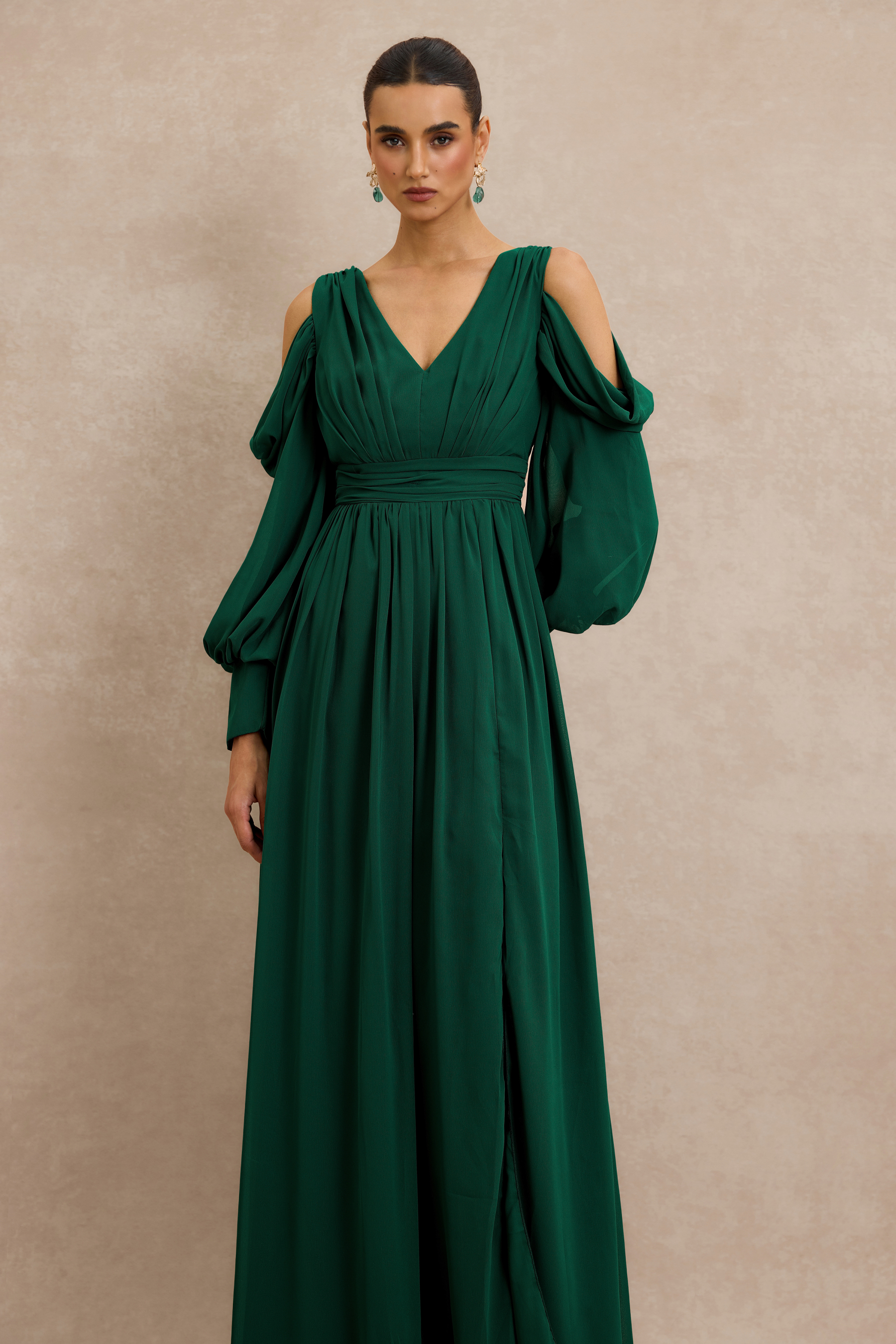 Chiffon Gathering Lantern Sleeve Maxi Dress