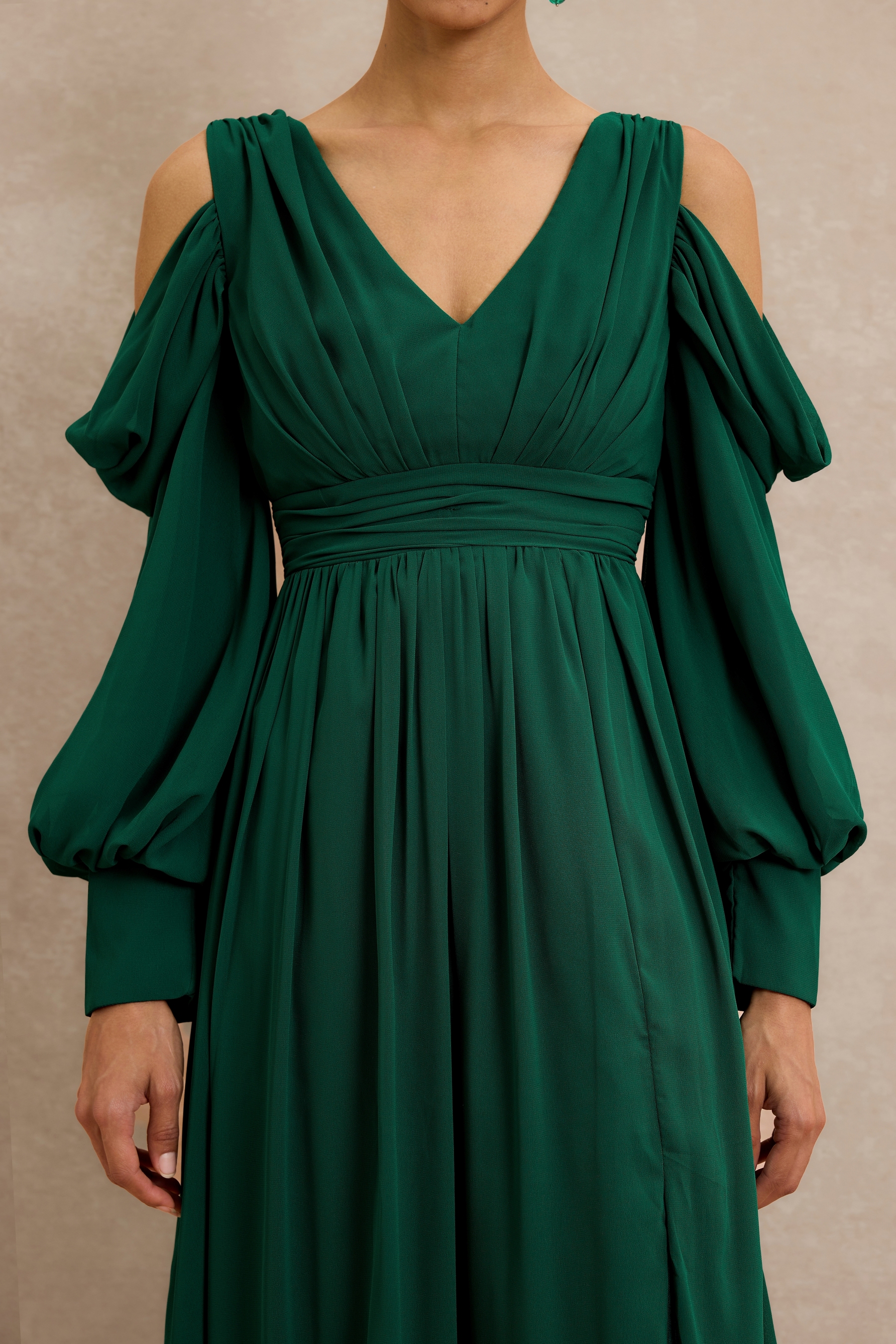 Chiffon Gathering Lantern Sleeve Maxi Dress