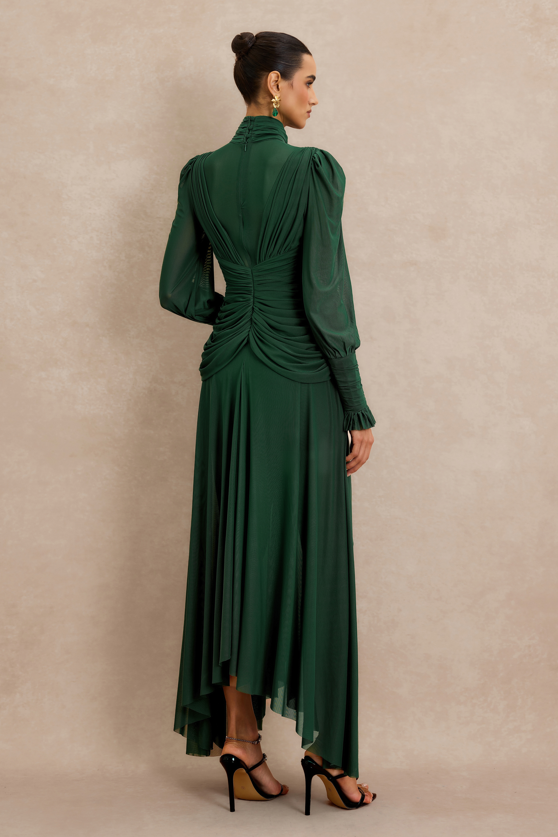 Stand Collar Gathering Midi Dress