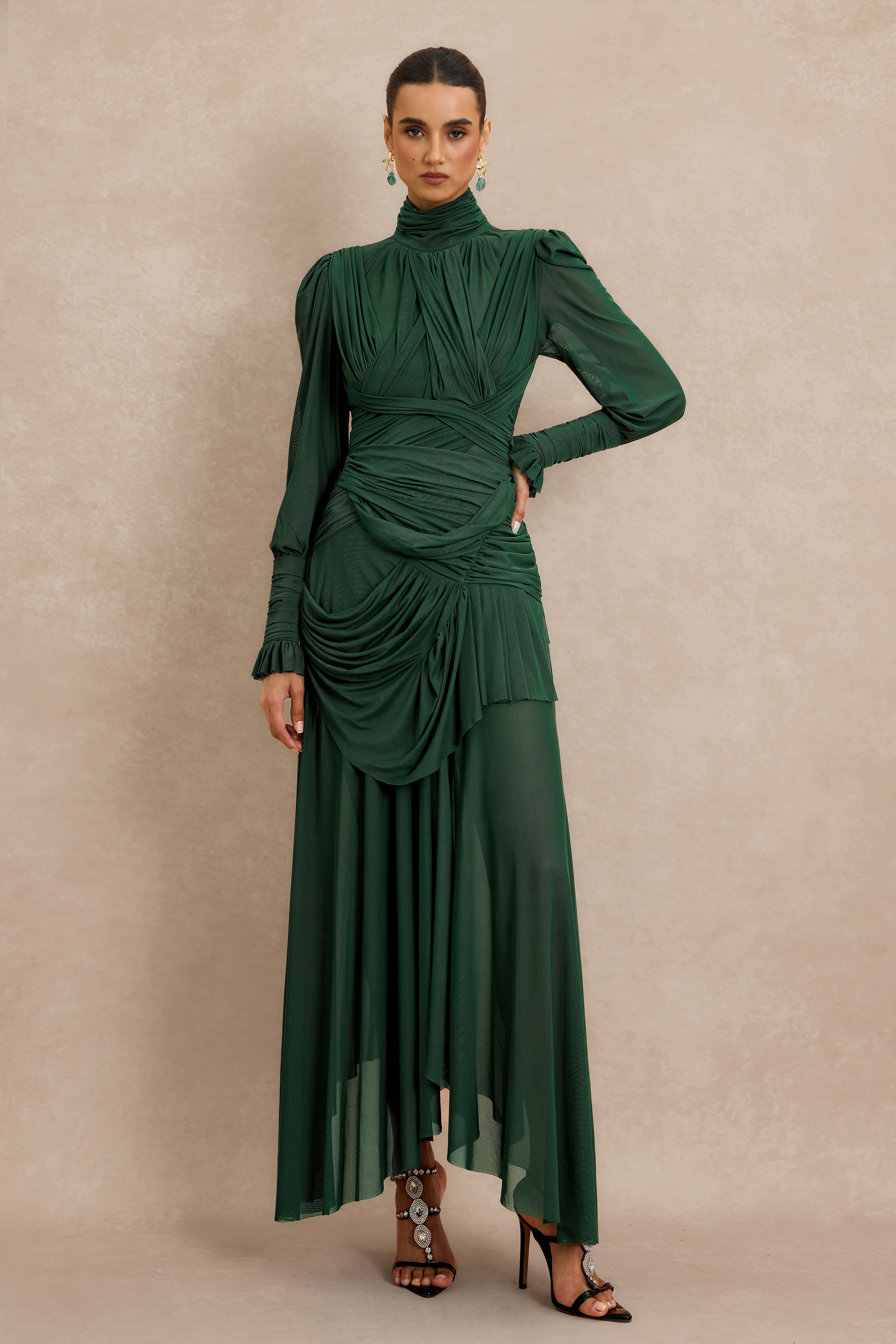 Stand Collar Gathering Midi Dress