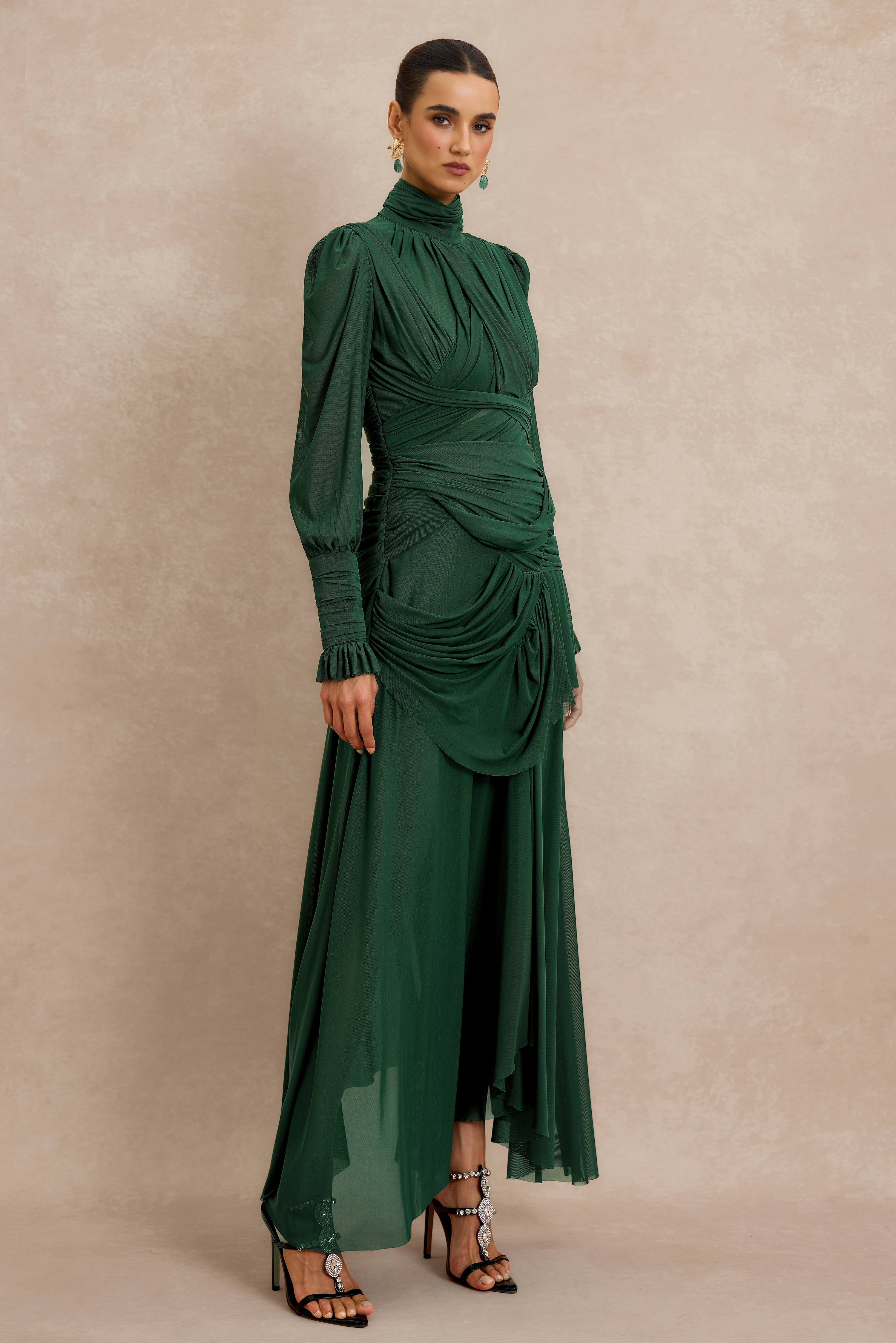 Stand Collar Gathering Midi Dress